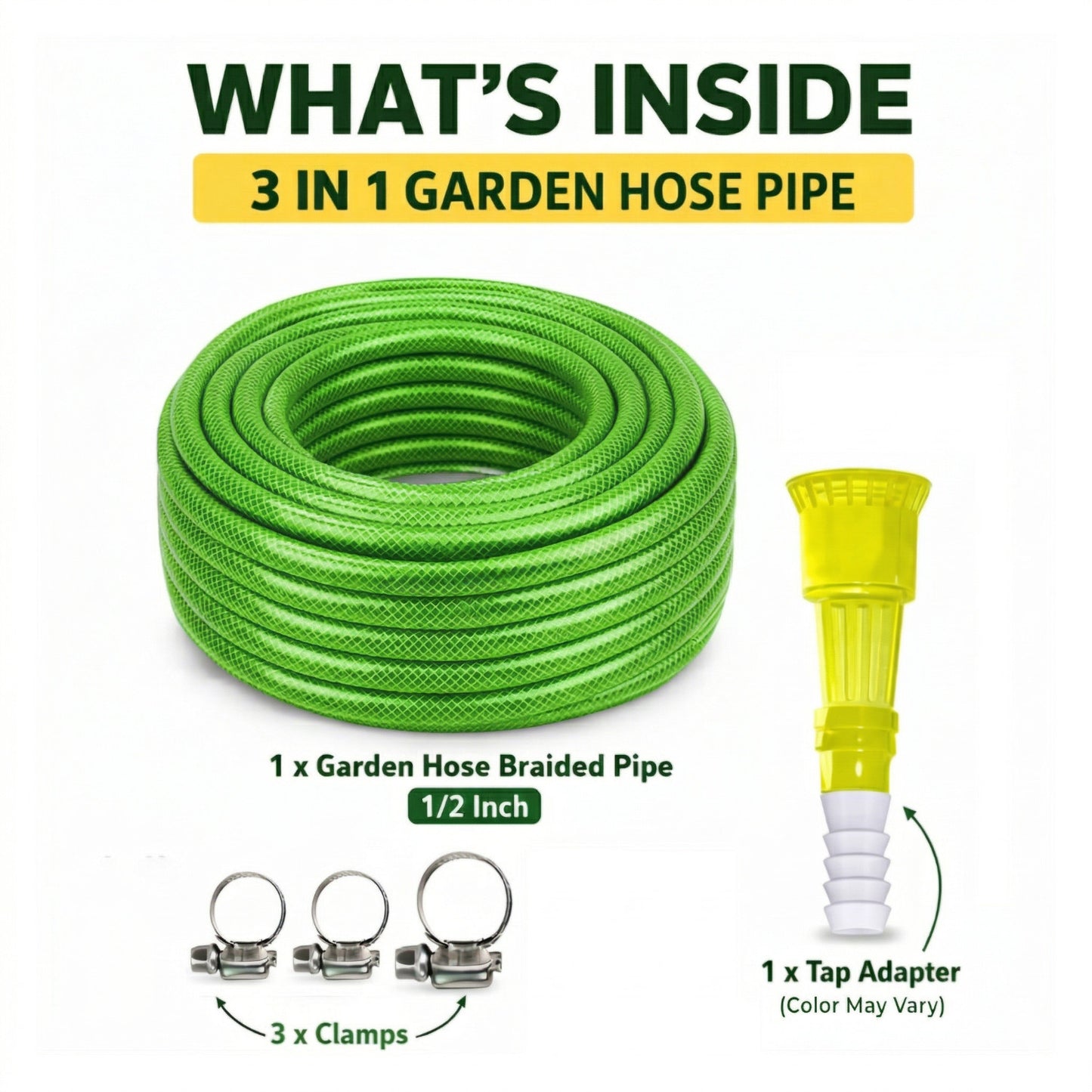 Casa De Amor 1/2 Inch Braided Garden Hose Pipe with Tap Adapter & Clamps