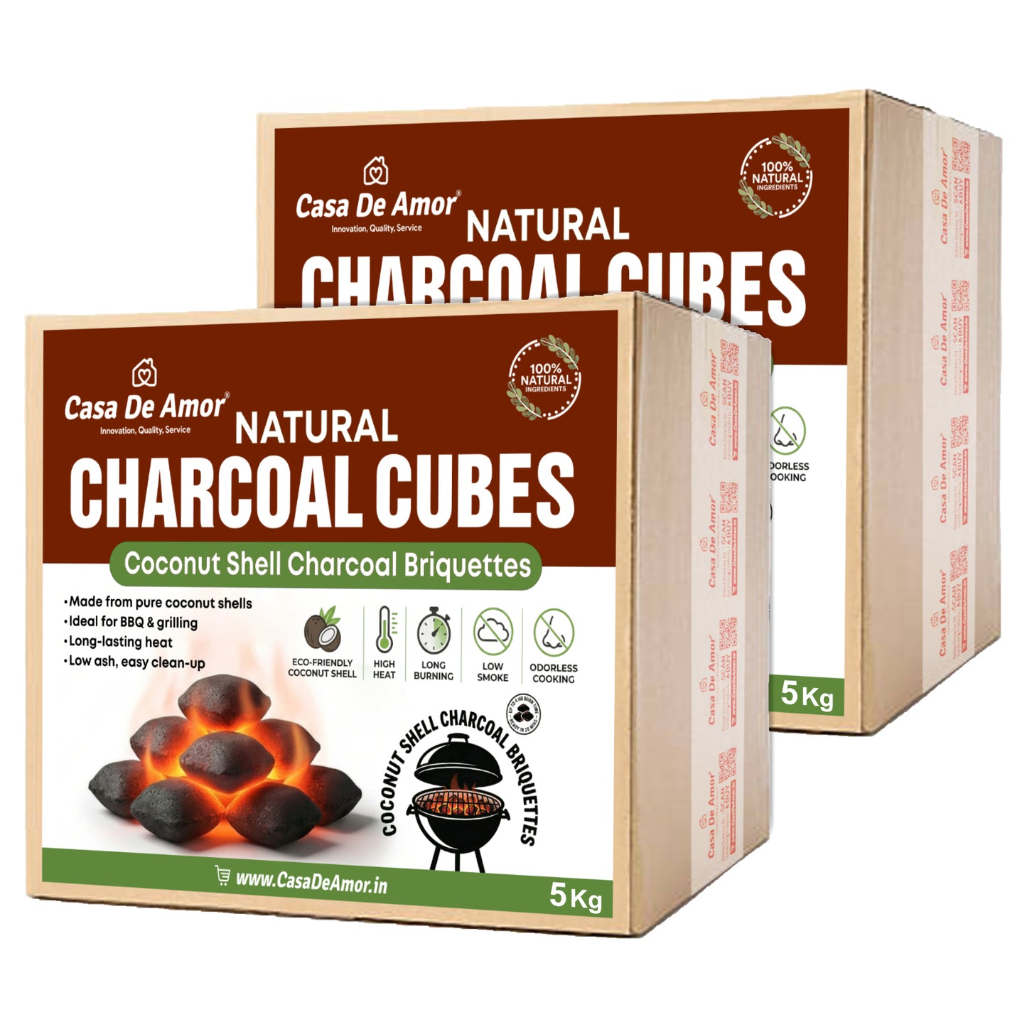 Casa De Amor Natural Charcoal Cubes for BBQ, Grilling & Tandoor | Long Burning, Low Smoke, Odorless Coconut Shell Charcoal | Eco-Friendly Fuel for Barbecue & Outdoor Cooking