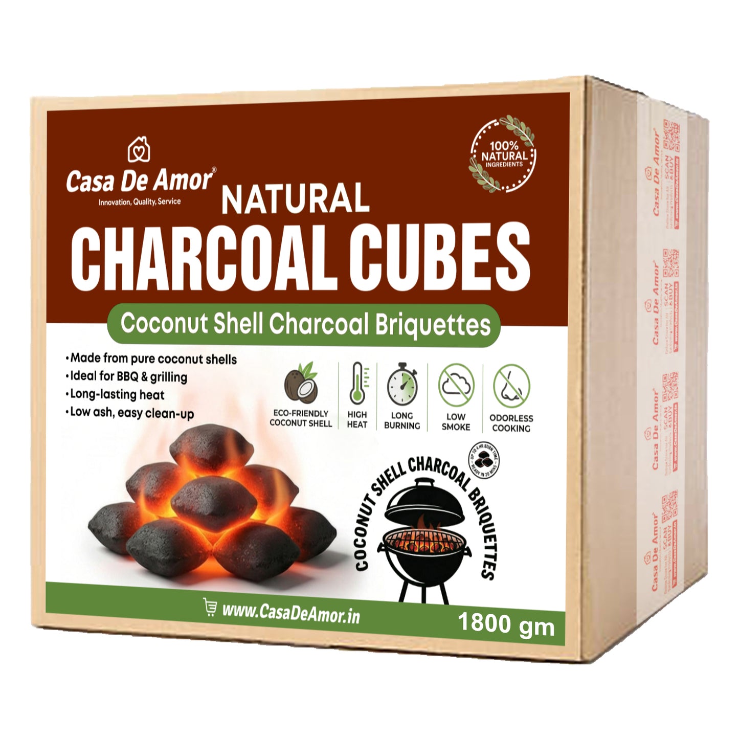 Casa De Amor Natural Charcoal Cubes for BBQ, Grilling & Tandoor | Long Burning, Low Smoke, Odorless Coconut Shell Charcoal | Eco-Friendly Fuel for Barbecue & Outdoor Cooking