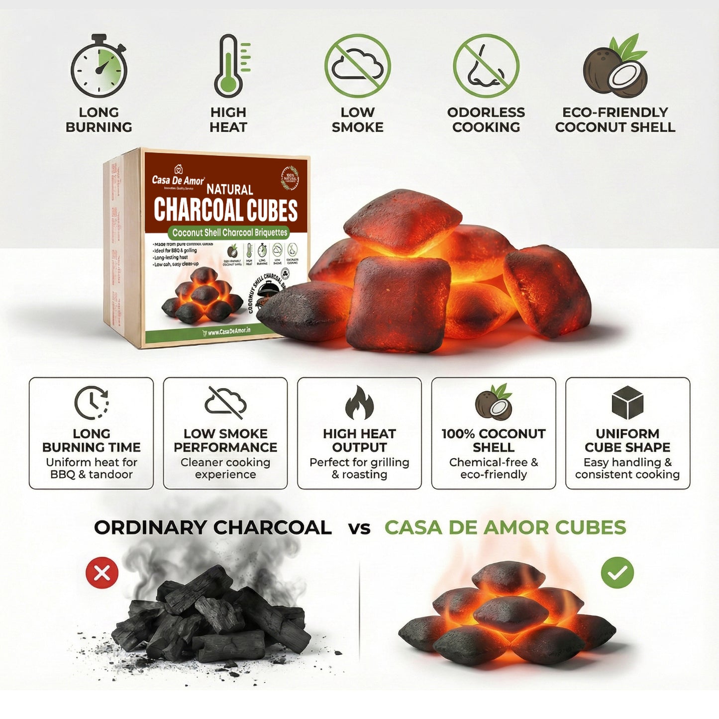 Casa De Amor Natural Charcoal Cubes for BBQ, Grilling & Tandoor | Long Burning, Low Smoke, Odorless Coconut Shell Charcoal | Eco-Friendly Fuel for Barbecue & Outdoor Cooking