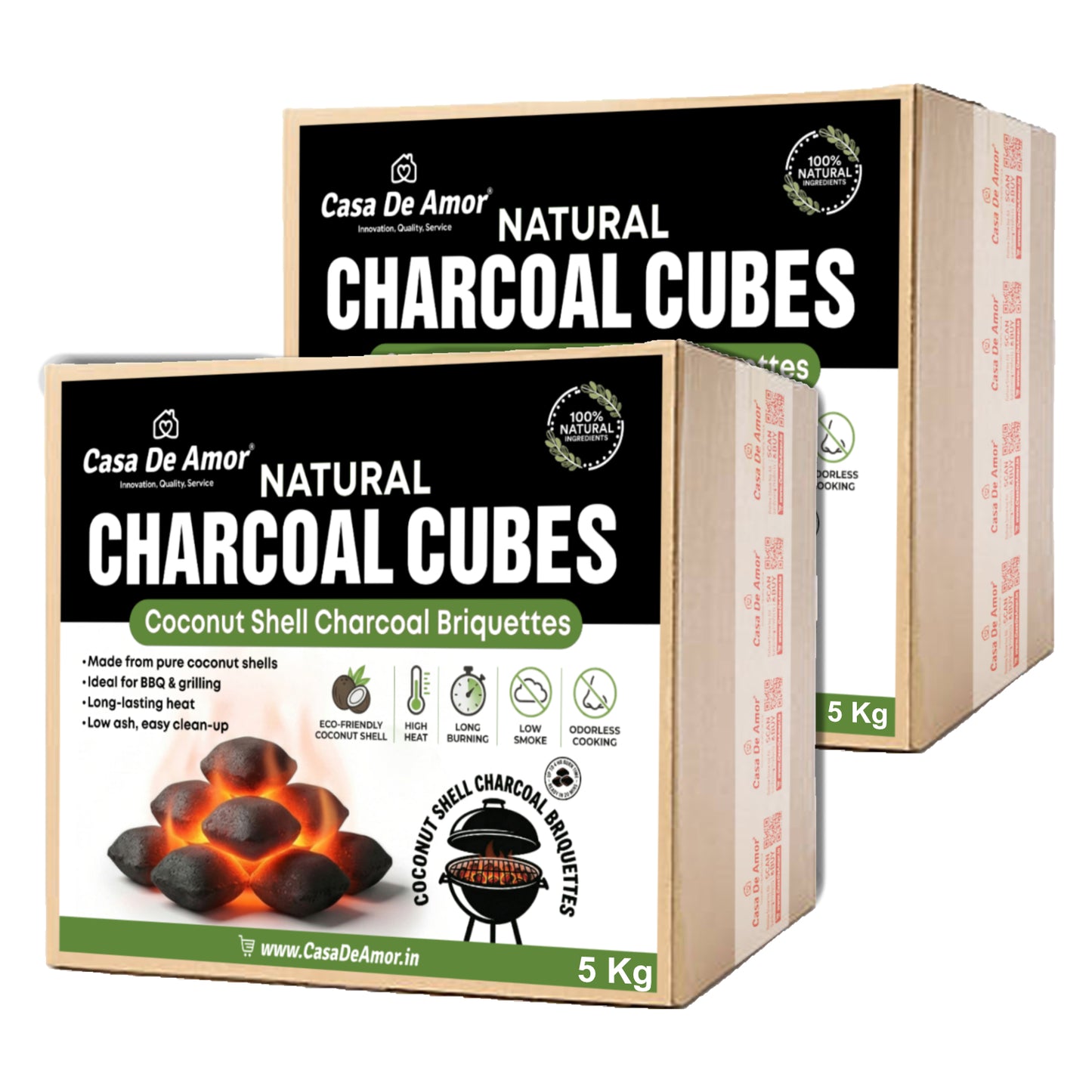 Casa De Amor Natural Charcoal Cubes for BBQ, Grilling & Tandoor | Long Burning, Low Smoke, Odorless Coconut Shell Charcoal | Eco-Friendly Fuel for Barbecue & Outdoor Cooking