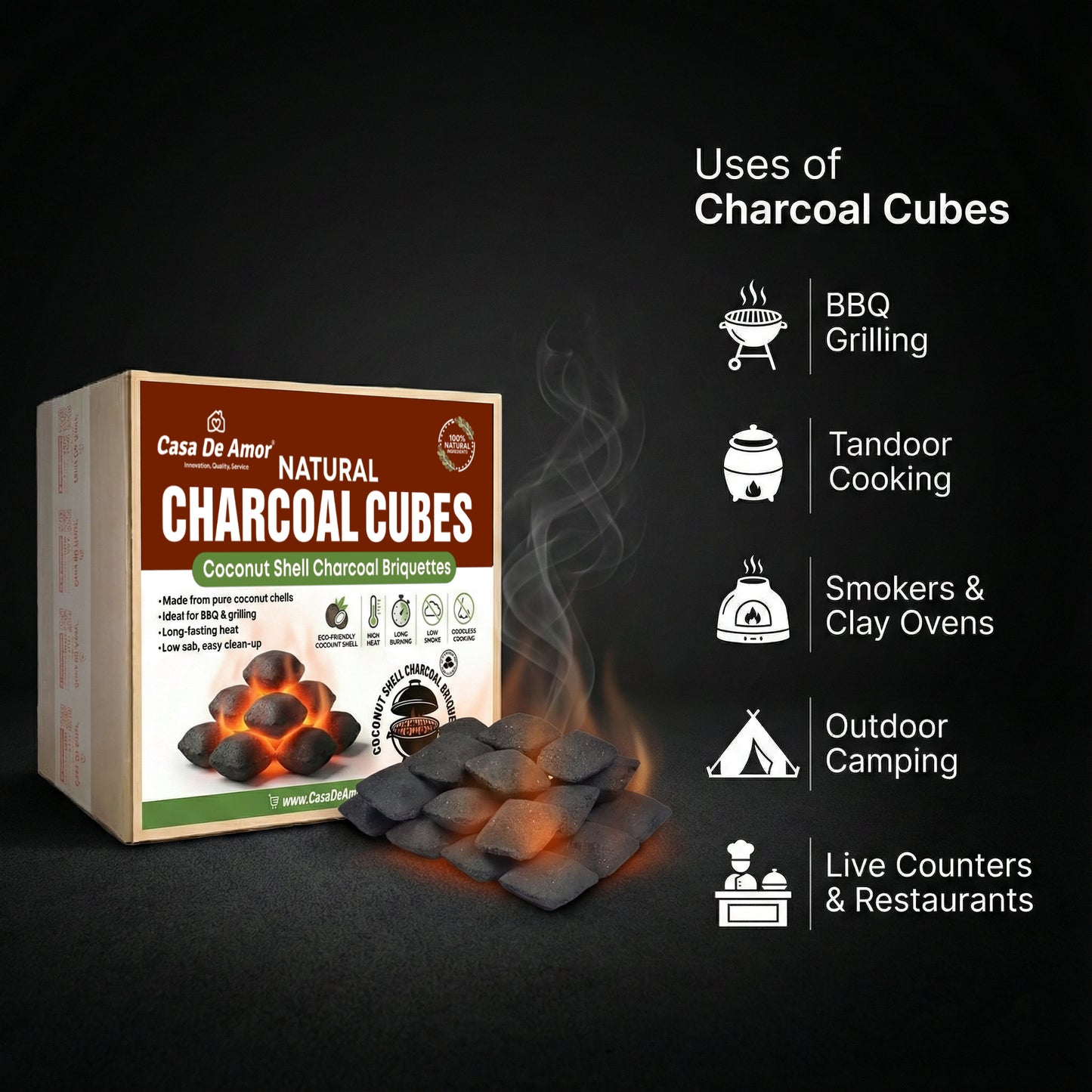 Casa De Amor Natural Charcoal Cubes for BBQ, Grilling & Tandoor | Long Burning, Low Smoke, Odorless Coconut Shell Charcoal | Eco-Friendly Fuel for Barbecue & Outdoor Cooking