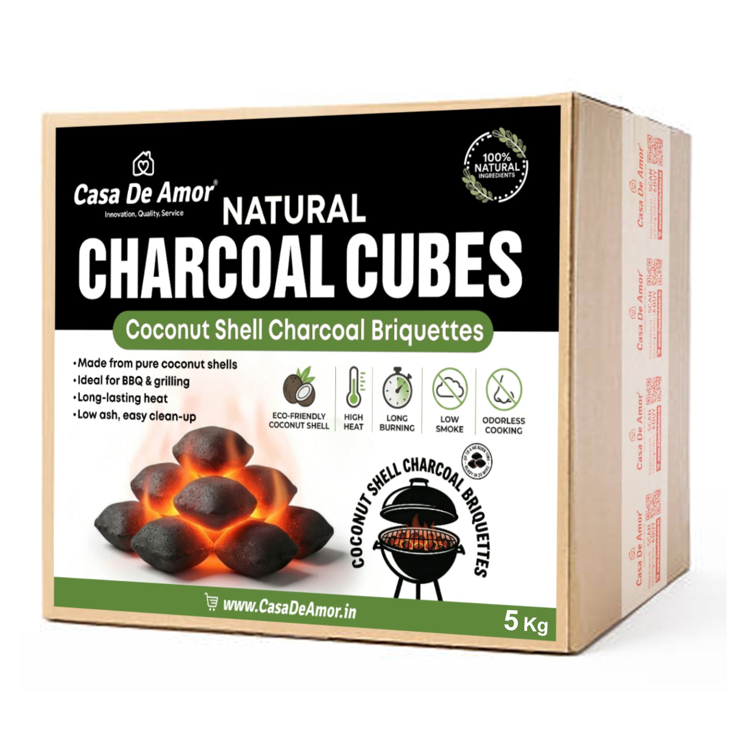 Casa De Amor Natural Charcoal Cubes for BBQ, Grilling & Tandoor | Long Burning, Low Smoke, Odorless Coconut Shell Charcoal | Eco-Friendly Fuel for Barbecue & Outdoor Cooking