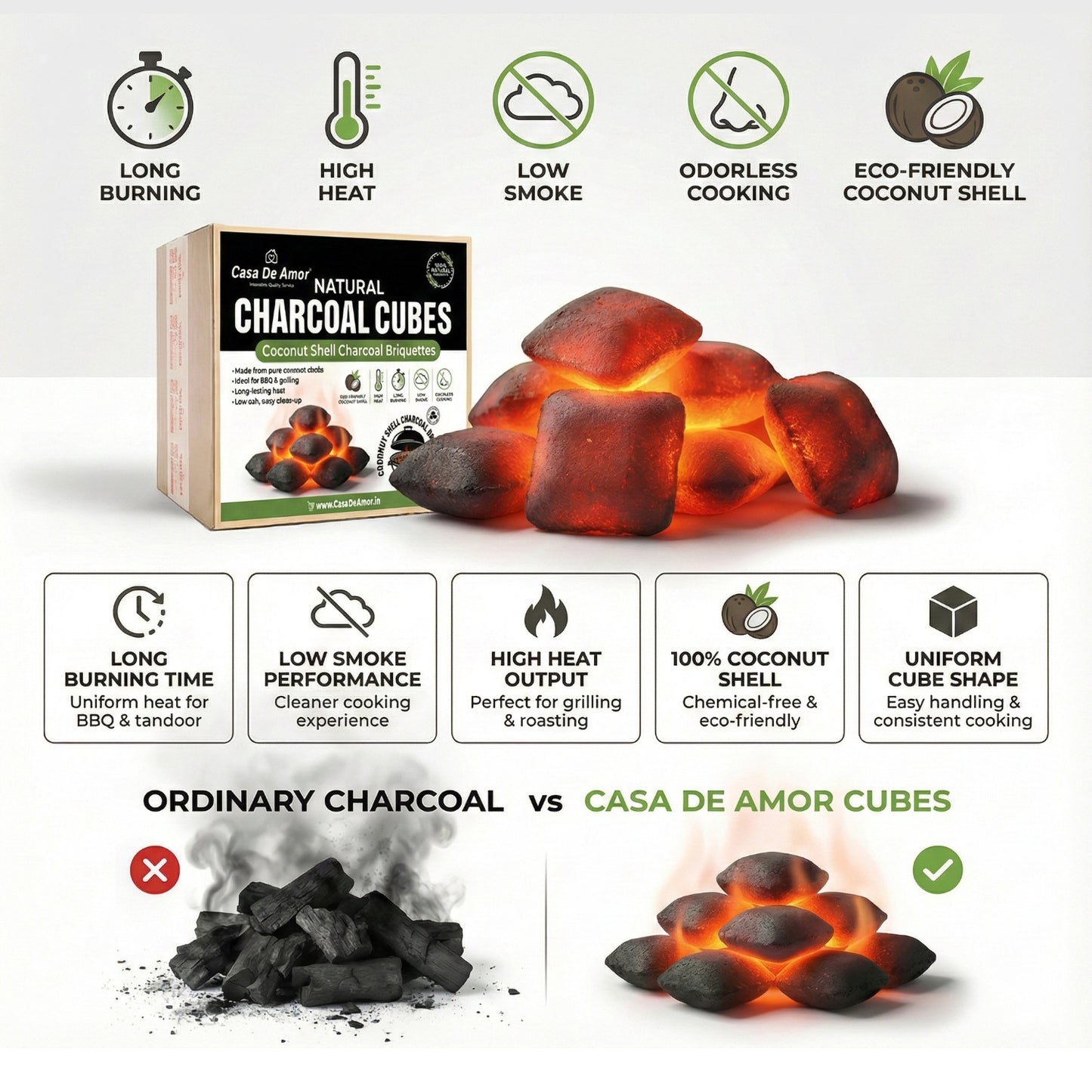 Casa De Amor Natural Charcoal Cubes for BBQ, Grilling & Tandoor | Long Burning, Low Smoke, Odorless Coconut Shell Charcoal | Eco-Friendly Fuel for Barbecue & Outdoor Cooking