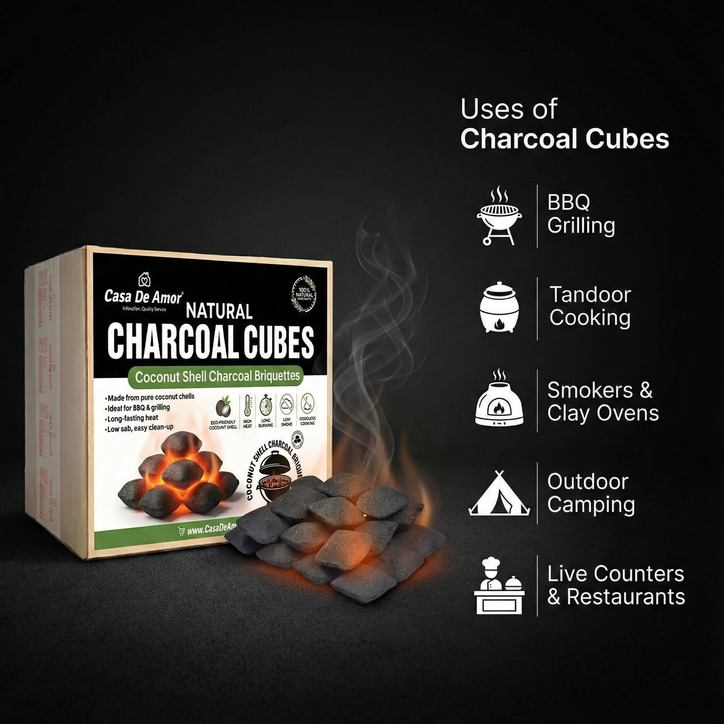 Casa De Amor Natural Charcoal Cubes for BBQ, Grilling & Tandoor | Long Burning, Low Smoke, Odorless Coconut Shell Charcoal | Eco-Friendly Fuel for Barbecue & Outdoor Cooking