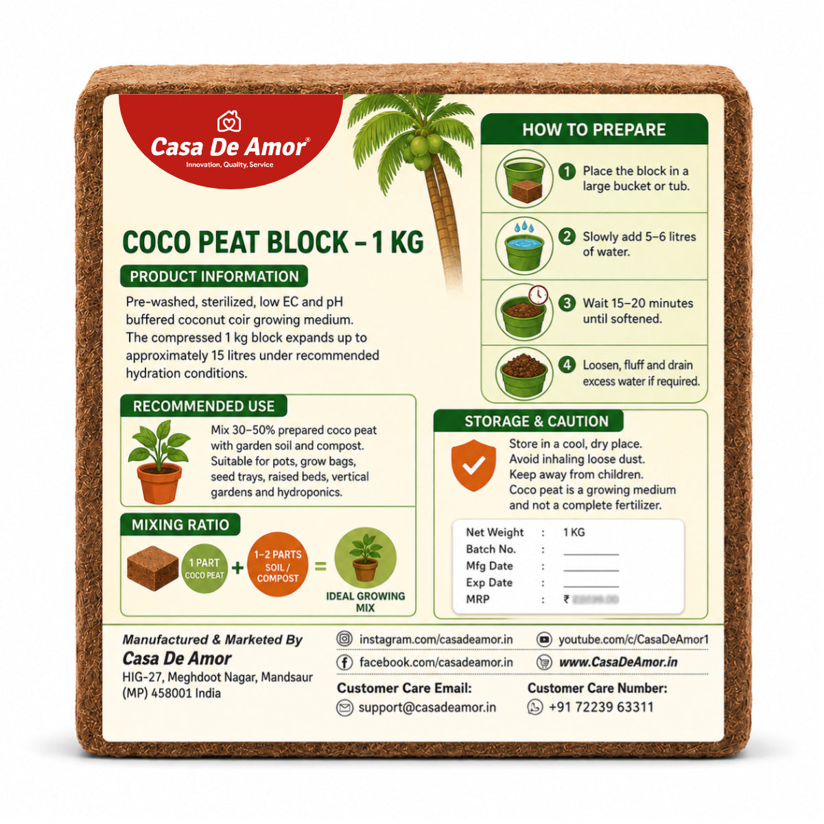 Casa De Amor Cocopeat Block 1 Kg | Expands Upto 15 litres