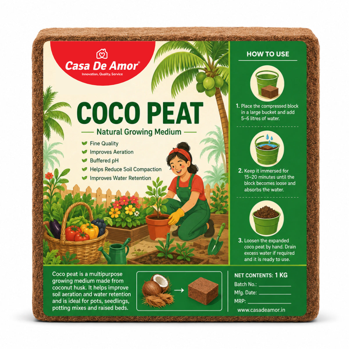 Casa De Amor Cocopeat Block 1 Kg | Expands Upto 15 litres