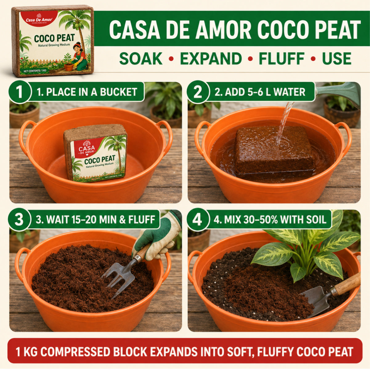 Casa De Amor Cocopeat Block 1 Kg | Expands Upto 15 litres