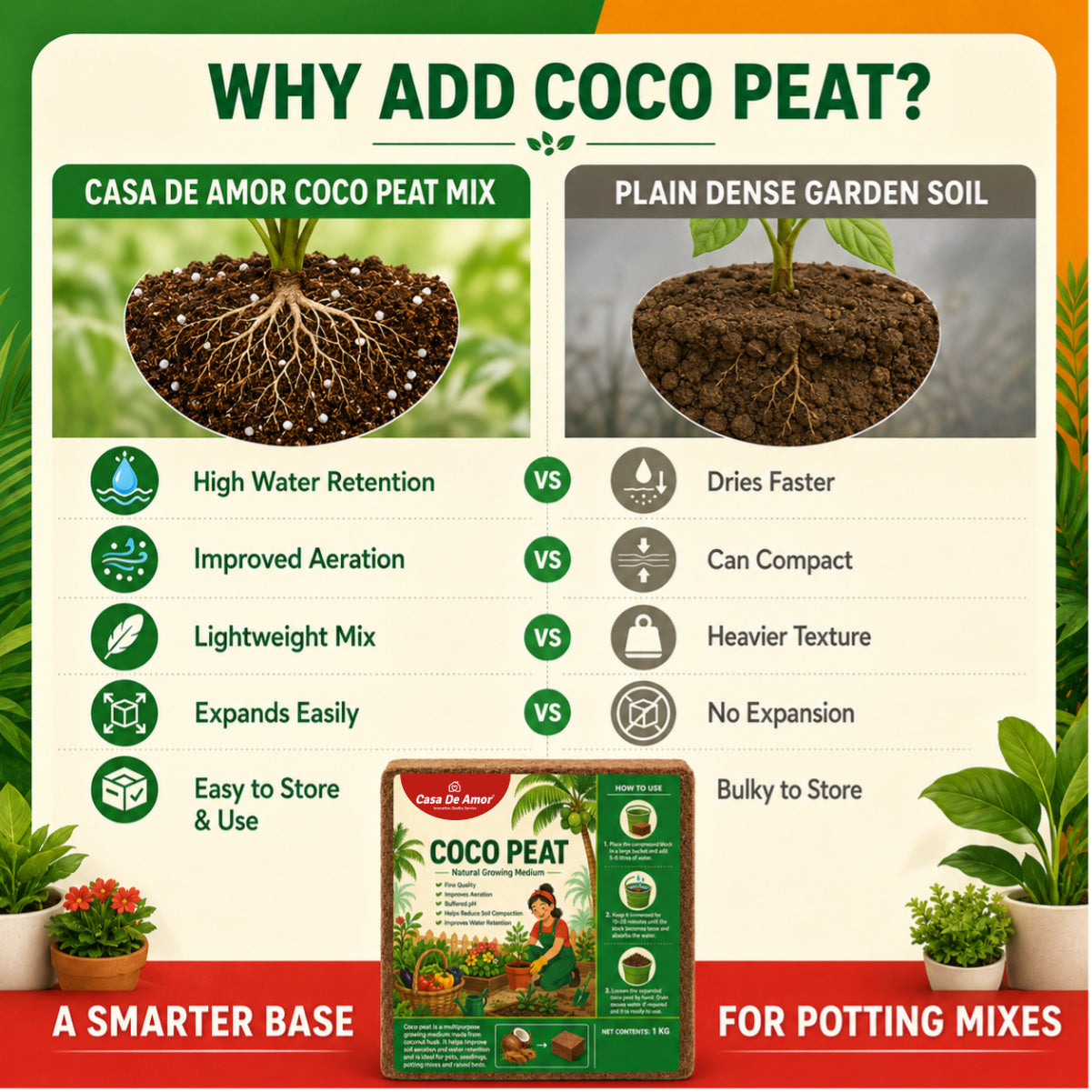 Casa De Amor Cocopeat Block 1 Kg | Expands Upto 15 litres