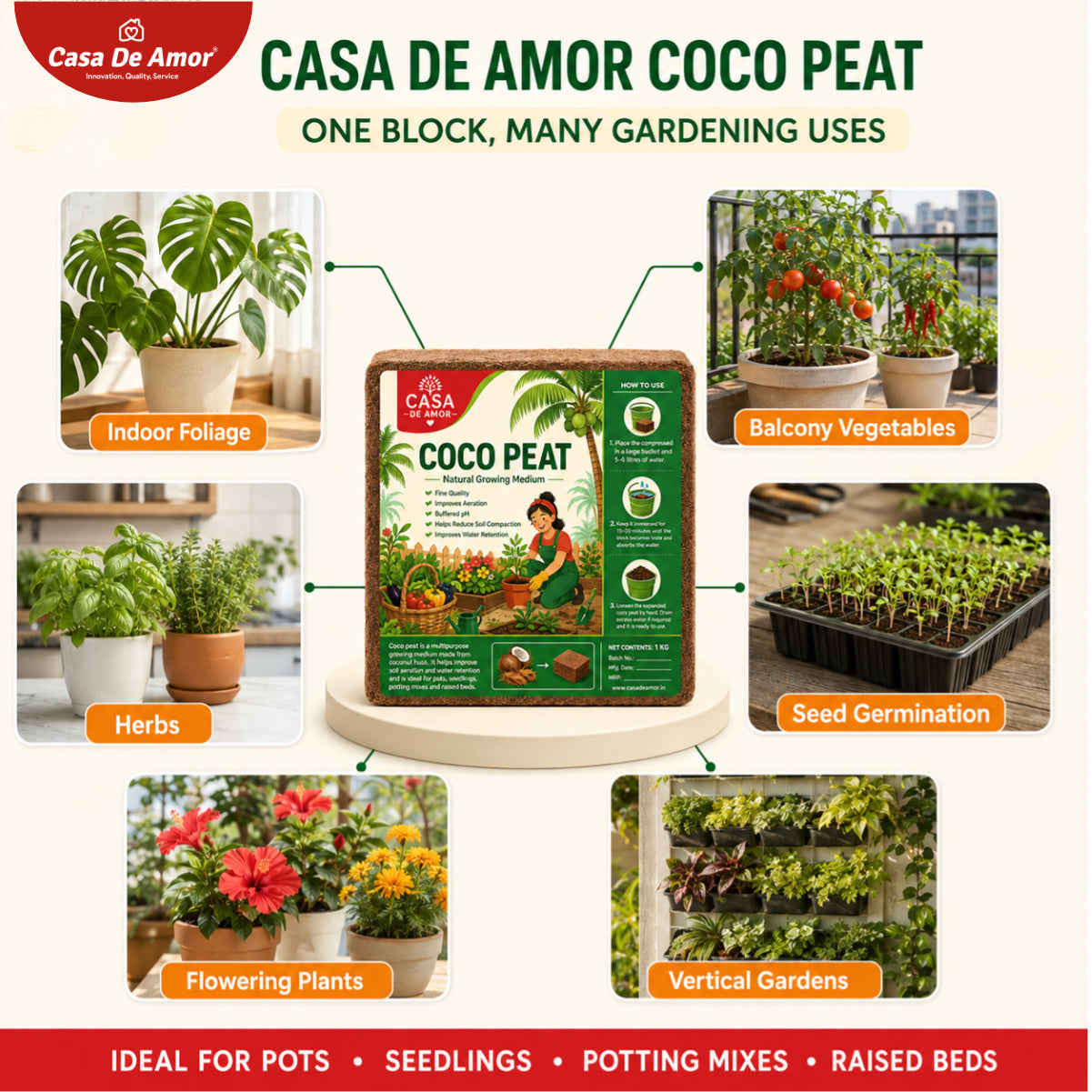 Casa De Amor Cocopeat Block 1 Kg | Expands Upto 15 litres
