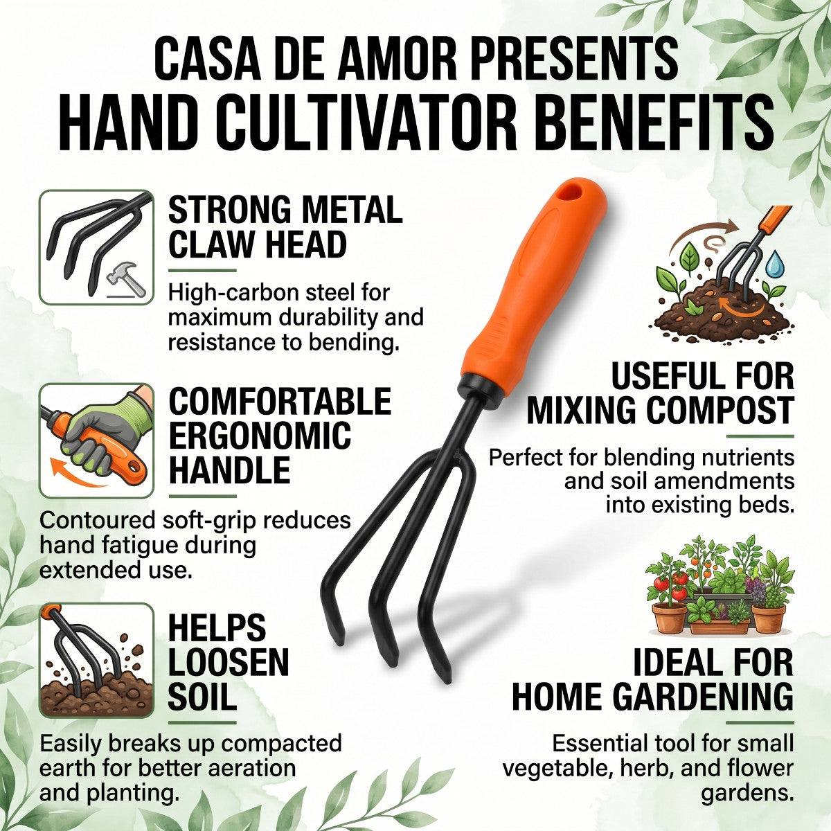 Casa De Amor Hand Cultivator 1 Pc, Manual Garden Tiller with Ergonomic Handle, Metal Claw Tool for Soil Loosening, Digging, Mixing, Aerating & Home Gardening