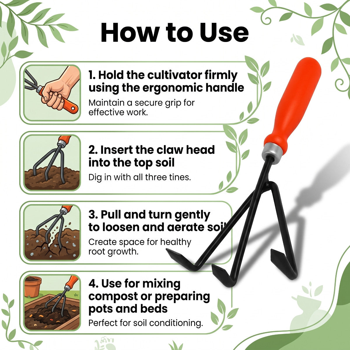 Casa De Amor Hand Cultivator 1 Pc, Manual Garden Tiller with Ergonomic Handle, Metal Claw Tool for Soil Loosening, Digging, Mixing, Aerating & Home Gardening
