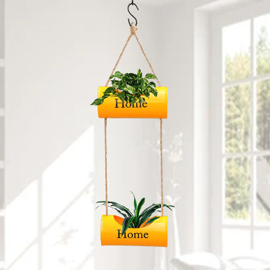 Casa De Amor Two-Tiered Yellow Hanging Metal Planter with Jute Ropes
