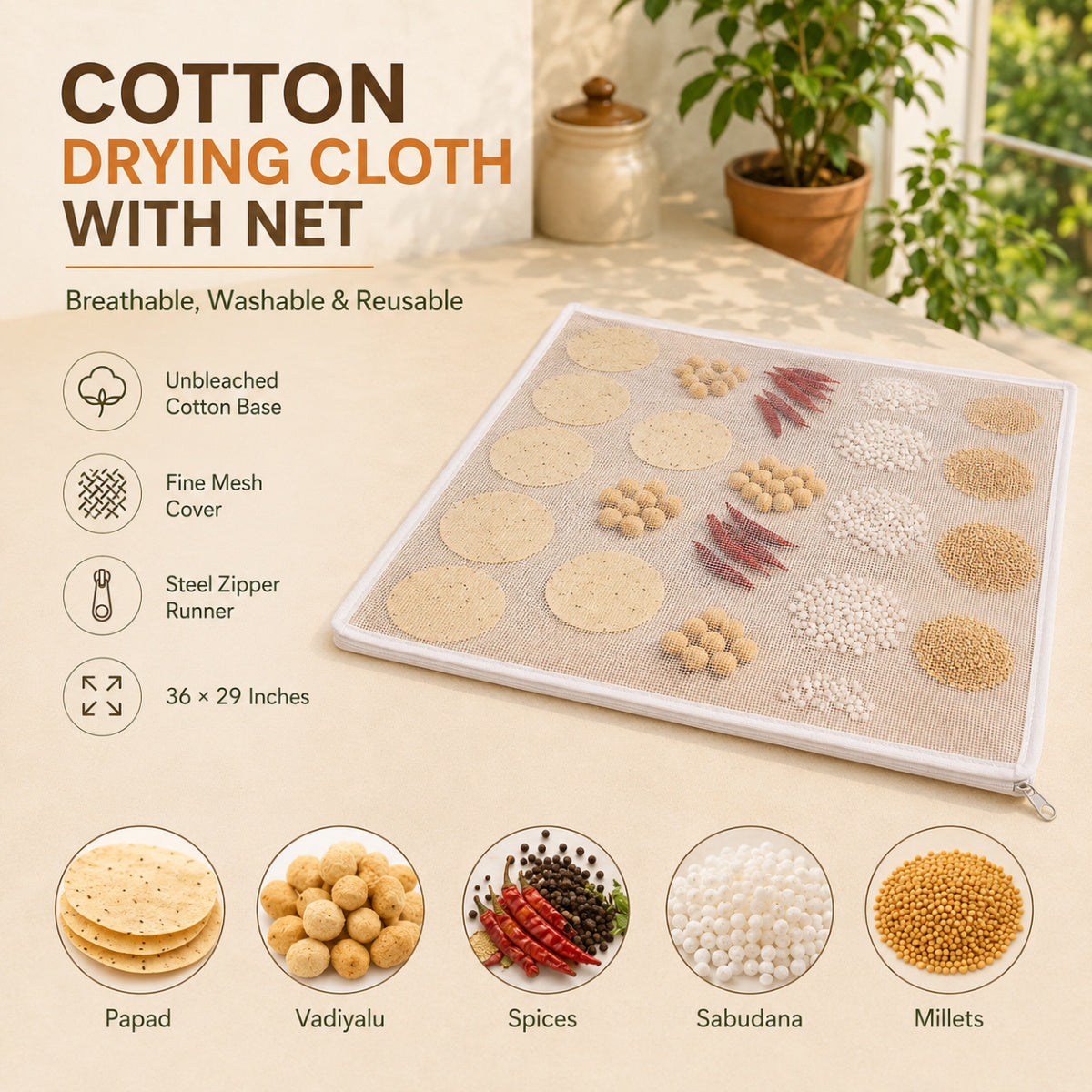 Casa De Amor Papad Drying Cloth with Net & Steel Zip | Unbleached Cotton Base for Vadiyalu, Sabudana, Spices, Grains & Millets | Washable & Reusable