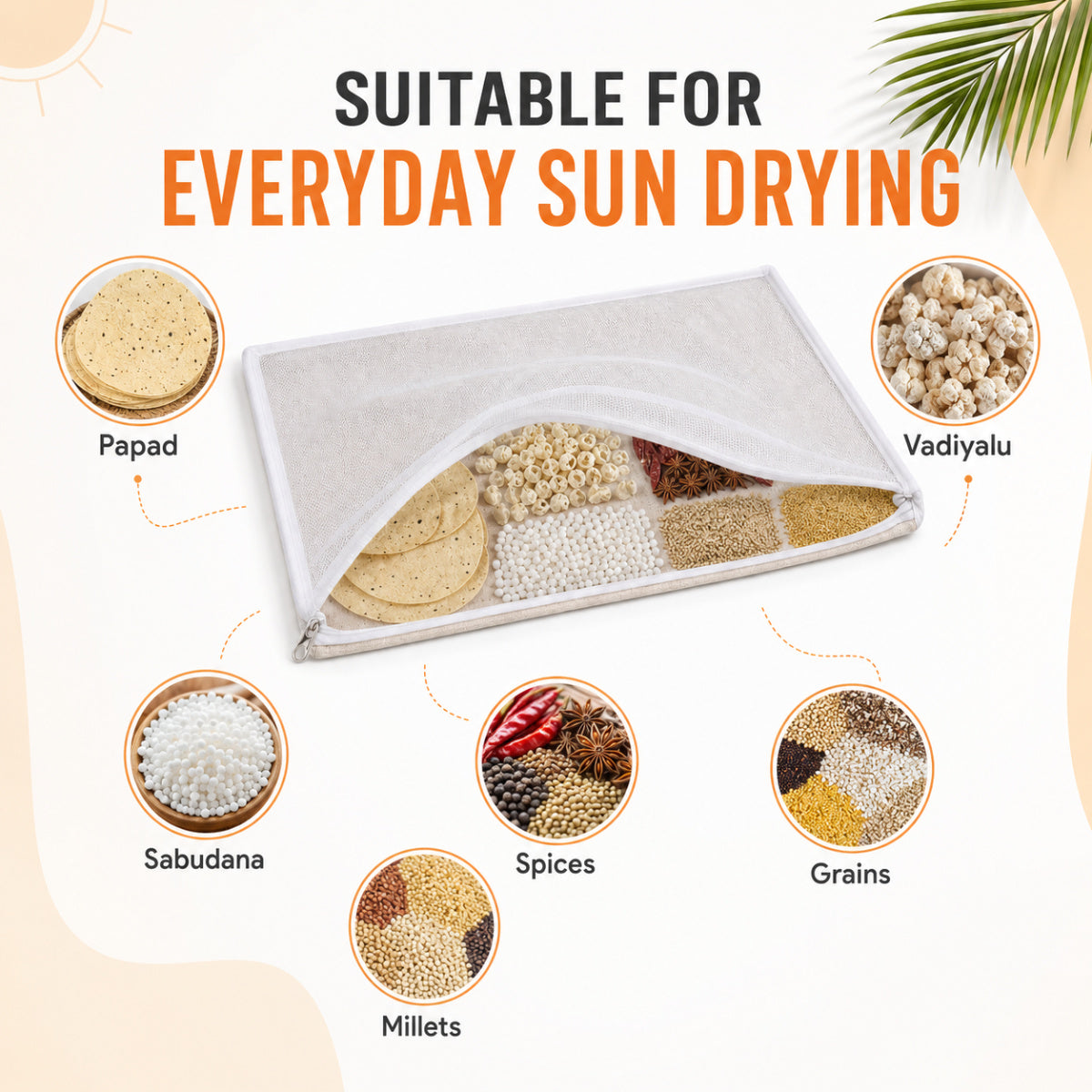 Casa De Amor Papad Drying Cloth with Net & Steel Zip | Unbleached Cotton Base for Vadiyalu, Sabudana, Spices, Grains & Millets | Washable & Reusable