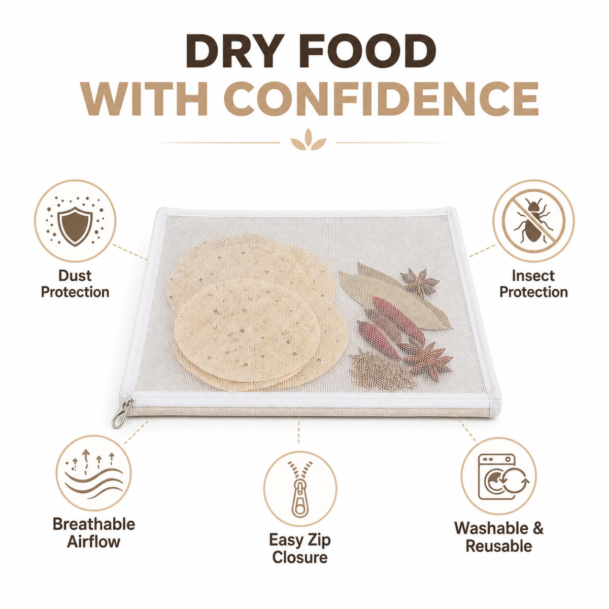 Casa De Amor Papad Drying Cloth with Net & Steel Zip | Unbleached Cotton Base for Vadiyalu, Sabudana, Spices, Grains & Millets | Washable & Reusable