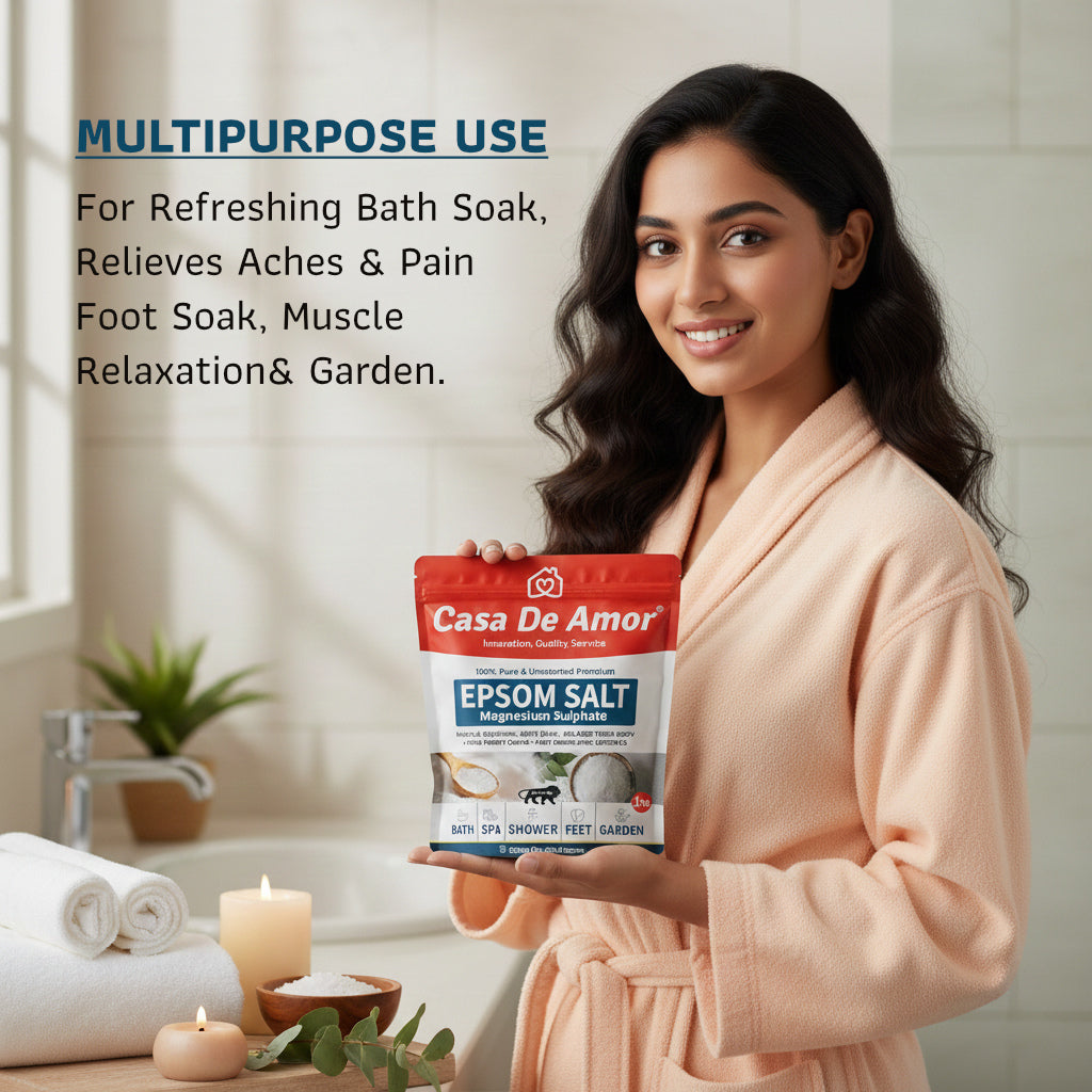 Casa De Amor Epsom Bath Salt Crystal and Bath 1Kg | For Refreshing Bath Soak, Relieves Aches & Pain | Foot Soak & Muscle Relaxation | Gardening