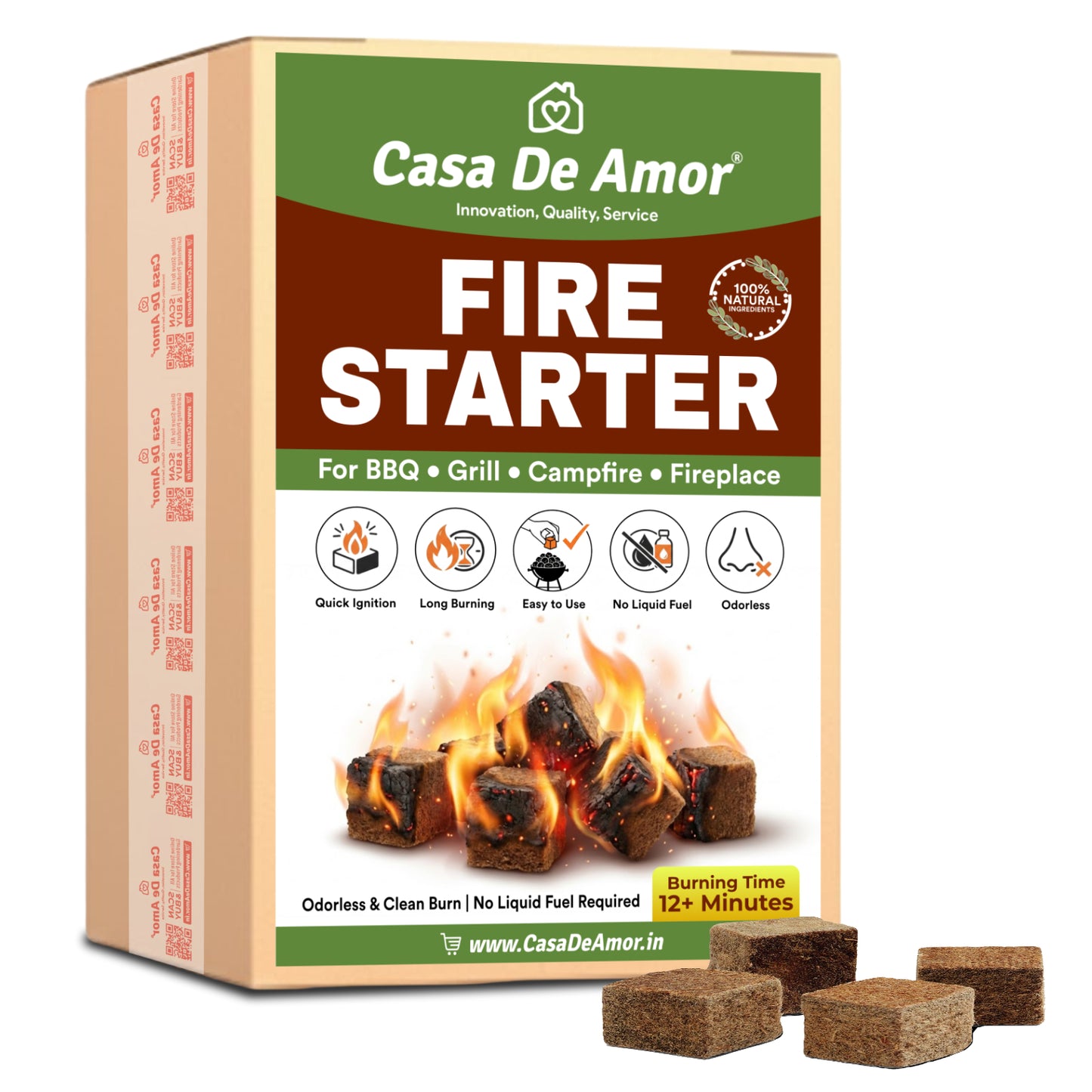 Casa De Amor Natural Fire Starter Cubes for BBQ, Grill, Campfire & Fireplace