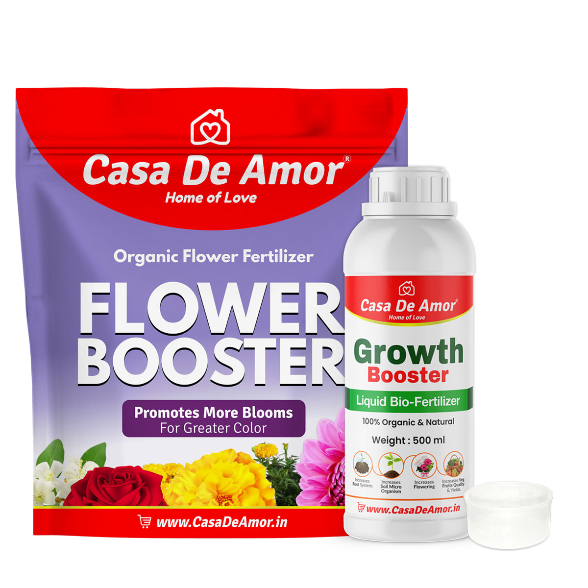 Casa De Amor Flower Booster Fertilizer for Flower Plants (900 GM) +Growth Booster Liquid Bio-Fertilizer (500 ml) for Indoor/Outdoor Plants- Combo Pack
