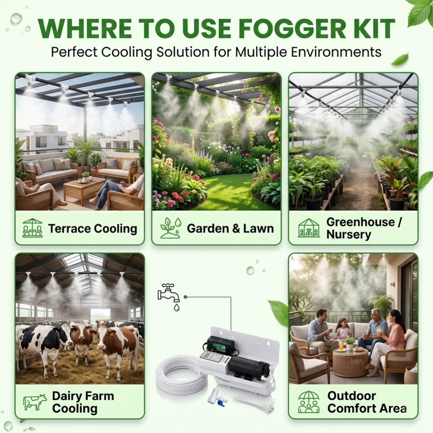 Casa De Amor High Pressure Fogger Kit with 10 Nozzles | Smart Timer Control Misting System | Outdoor Cooling, Terrace, Greenhouse, Dairy & Garden Use | Complete Kit with Pump, Pipe & Accessories