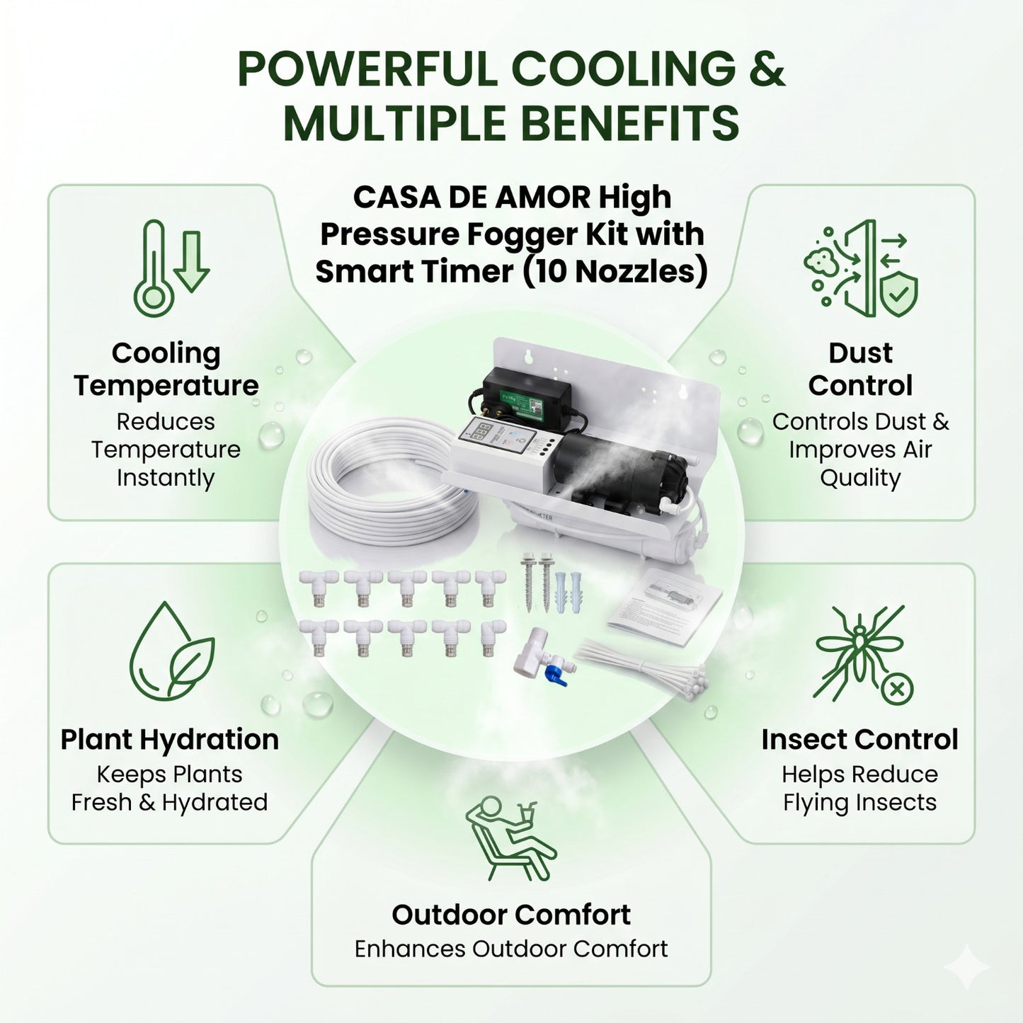 Casa De Amor High Pressure Fogger Kit with 10 Nozzles | Smart Timer Control Misting System | Outdoor Cooling, Terrace, Greenhouse, Dairy & Garden Use | Complete Kit with Pump, Pipe & Accessories