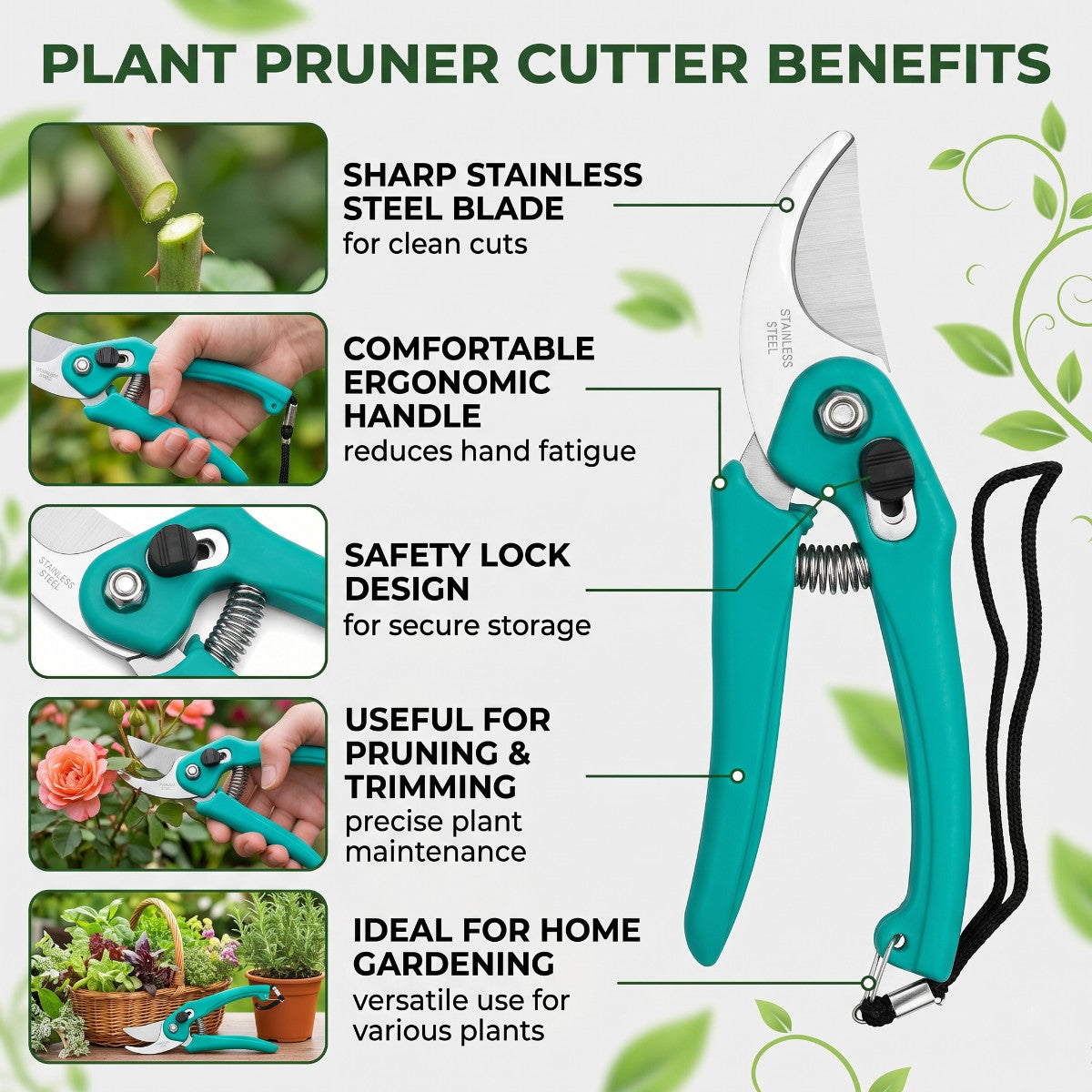 Casa De Amor Plant Pruner Cutter 1 Pc, Stainless Steel Garden Pruning Shear with Safety Lock, Sharp Blade & Ergonomic Handle for Plant, Branch, Leaf & Stem Cutting