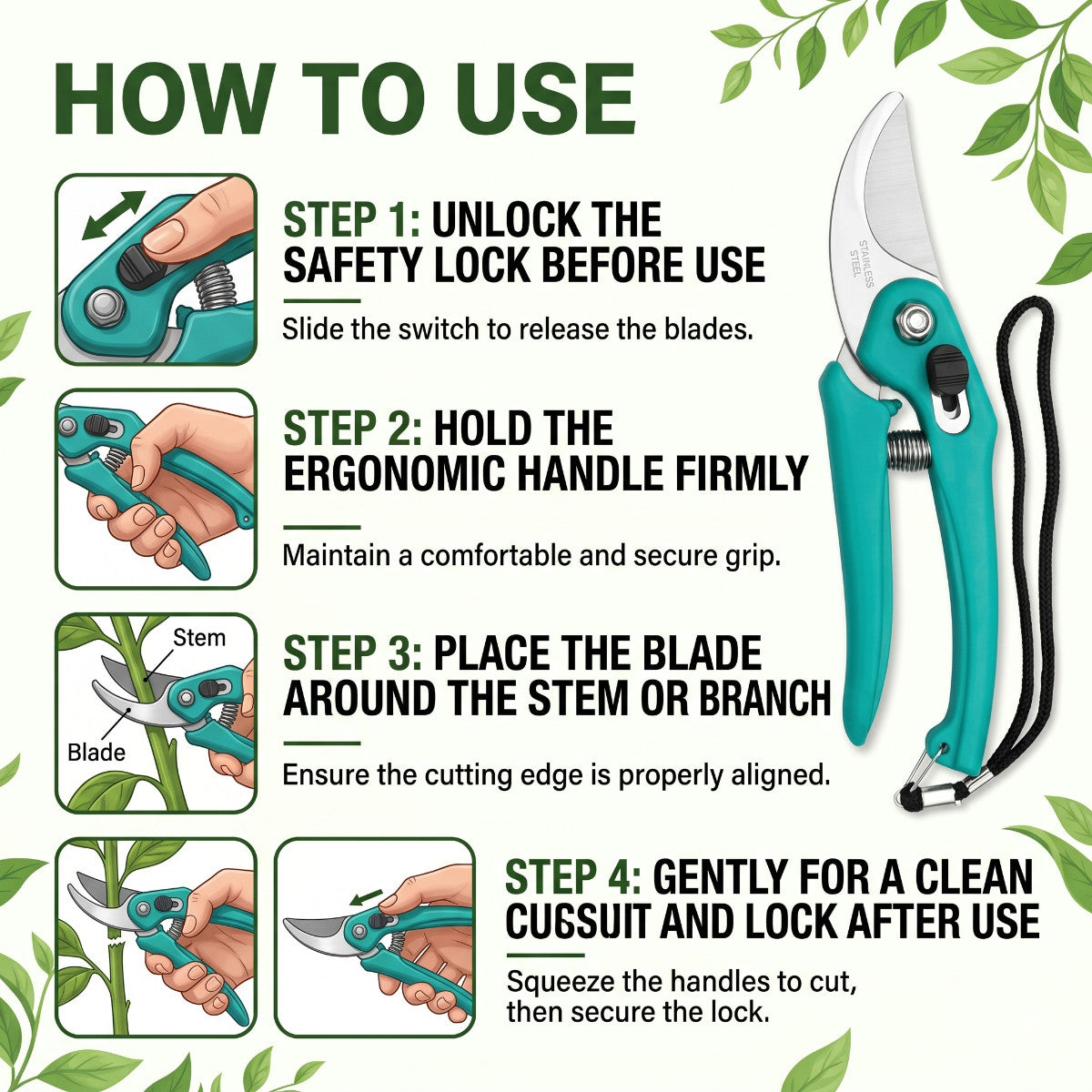 Casa De Amor Plant Pruner Cutter 1 Pc, Stainless Steel Garden Pruning Shear with Safety Lock, Sharp Blade & Ergonomic Handle for Plant, Branch, Leaf & Stem Cutting