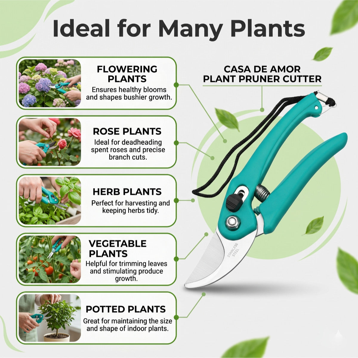 Casa De Amor Plant Pruner Cutter 1 Pc, Stainless Steel Garden Pruning Shear with Safety Lock, Sharp Blade & Ergonomic Handle for Plant, Branch, Leaf & Stem Cutting