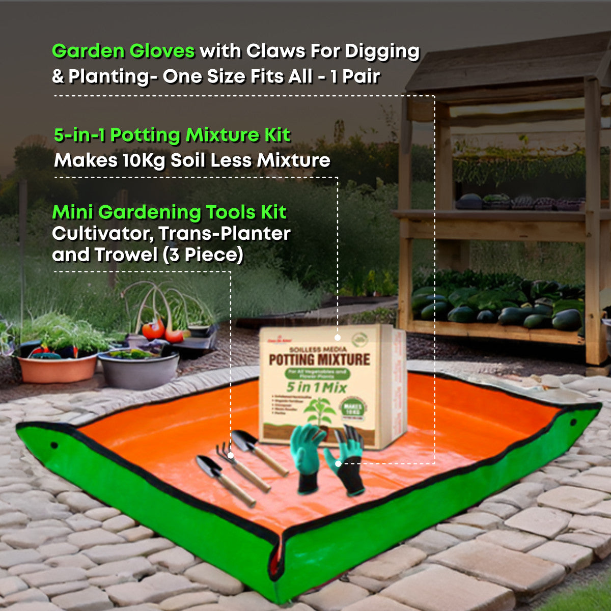 Casa De Amor Ultimate Gardening Combo – Potting Mixture, Gardening Mat, Garden Gloves & Tools Kit (Set of 4)