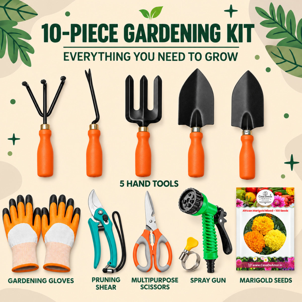 Casa De Amor Gardening Tools Kit-10 Pcs | Home Gardening Tool Set