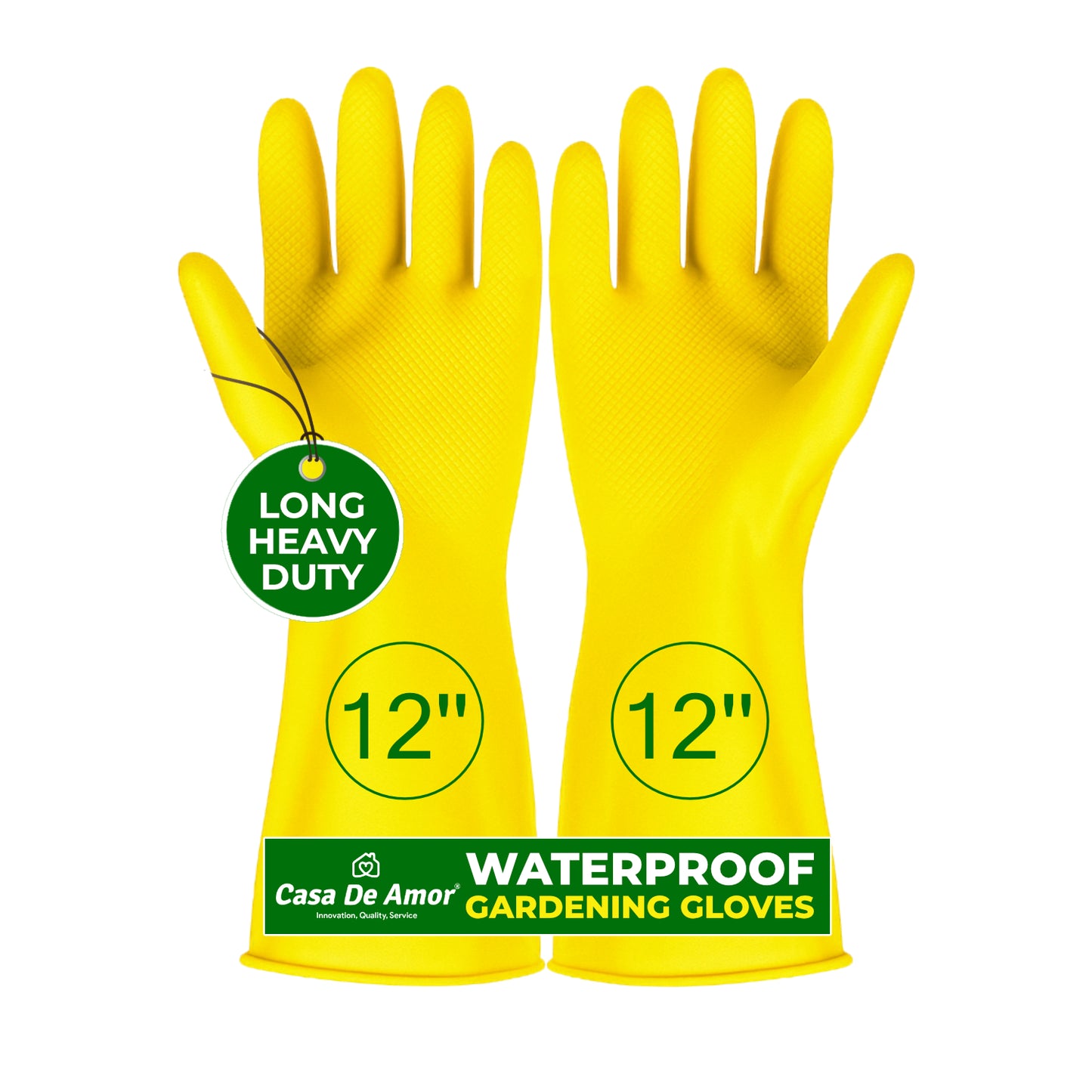 Casa De Amor Long Heavy Duty Latex Rubber Gardening Gloves – Waterproof & Reusable Garden Gloves for Home, Farming, Agriculture & Dairy Use – 0.55mm Thick, Yellow (1 Pair)