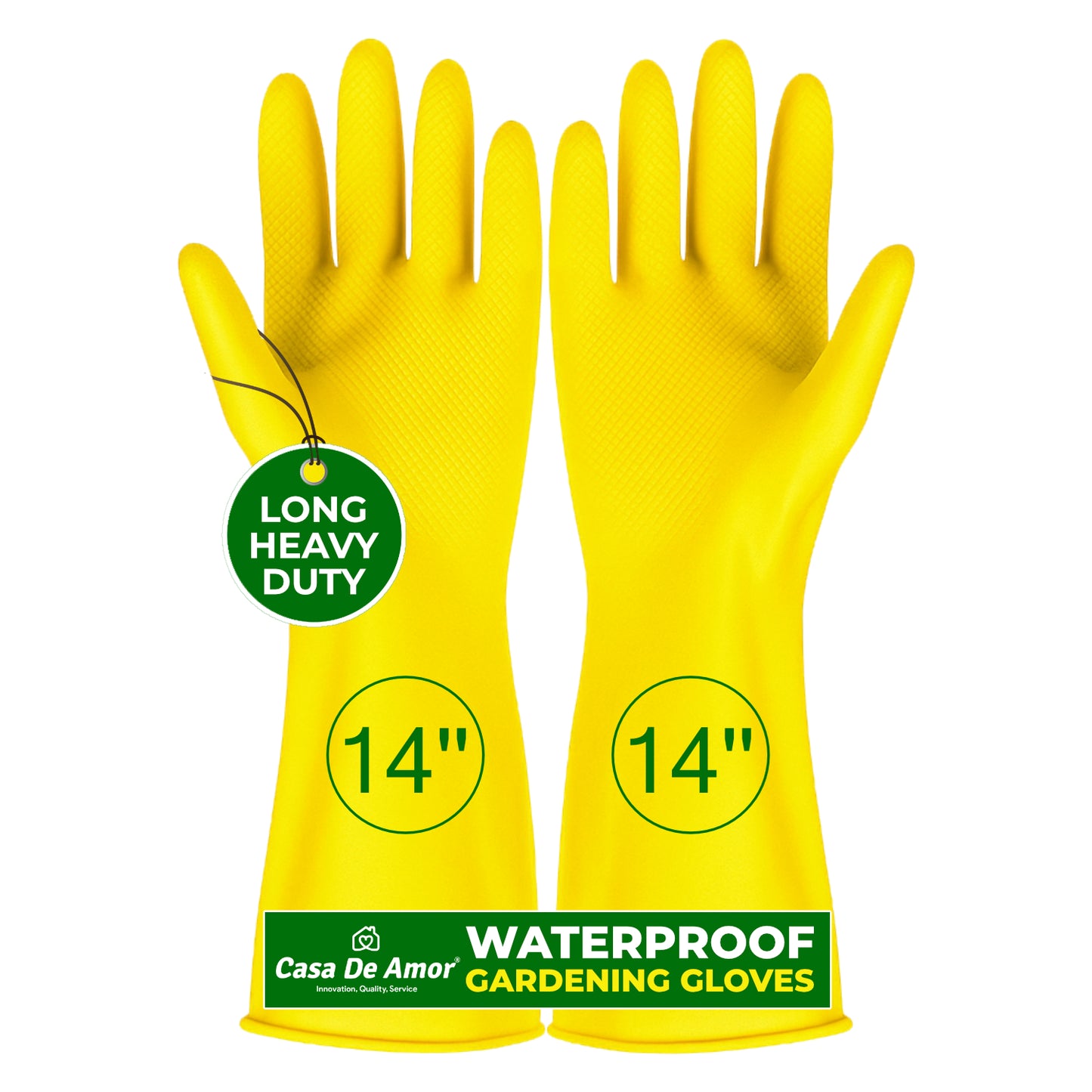 Casa De Amor Long Heavy Duty Latex Rubber Gardening Gloves – Waterproof & Reusable Garden Gloves for Home, Farming, Agriculture & Dairy Use – 0.55mm Thick, Yellow (1 Pair)