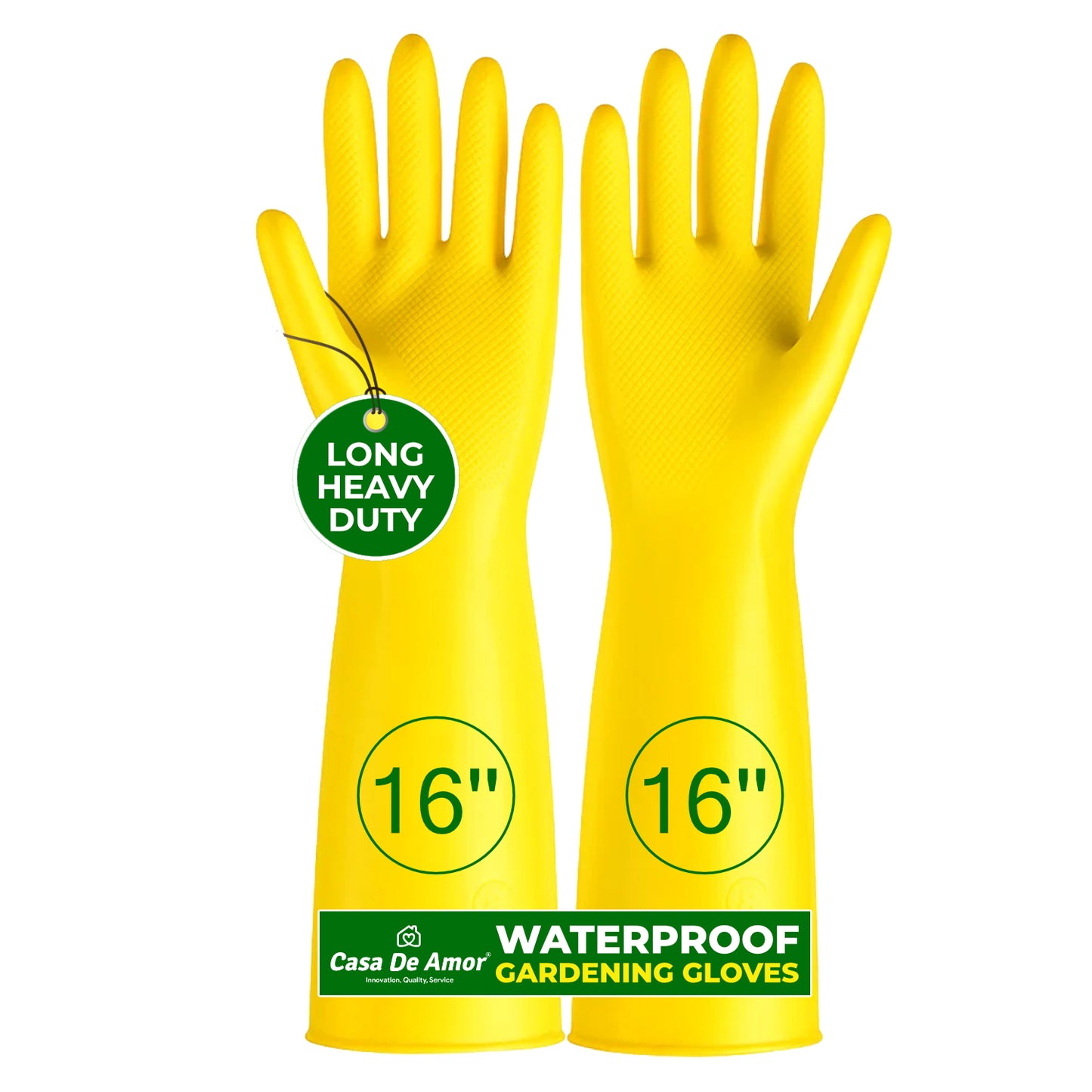 Casa De Amor Long Heavy Duty Latex Rubber Gardening Gloves – Waterproof & Reusable Garden Gloves for Home, Farming, Agriculture & Dairy Use – 0.55mm Thick, Yellow (1 Pair)