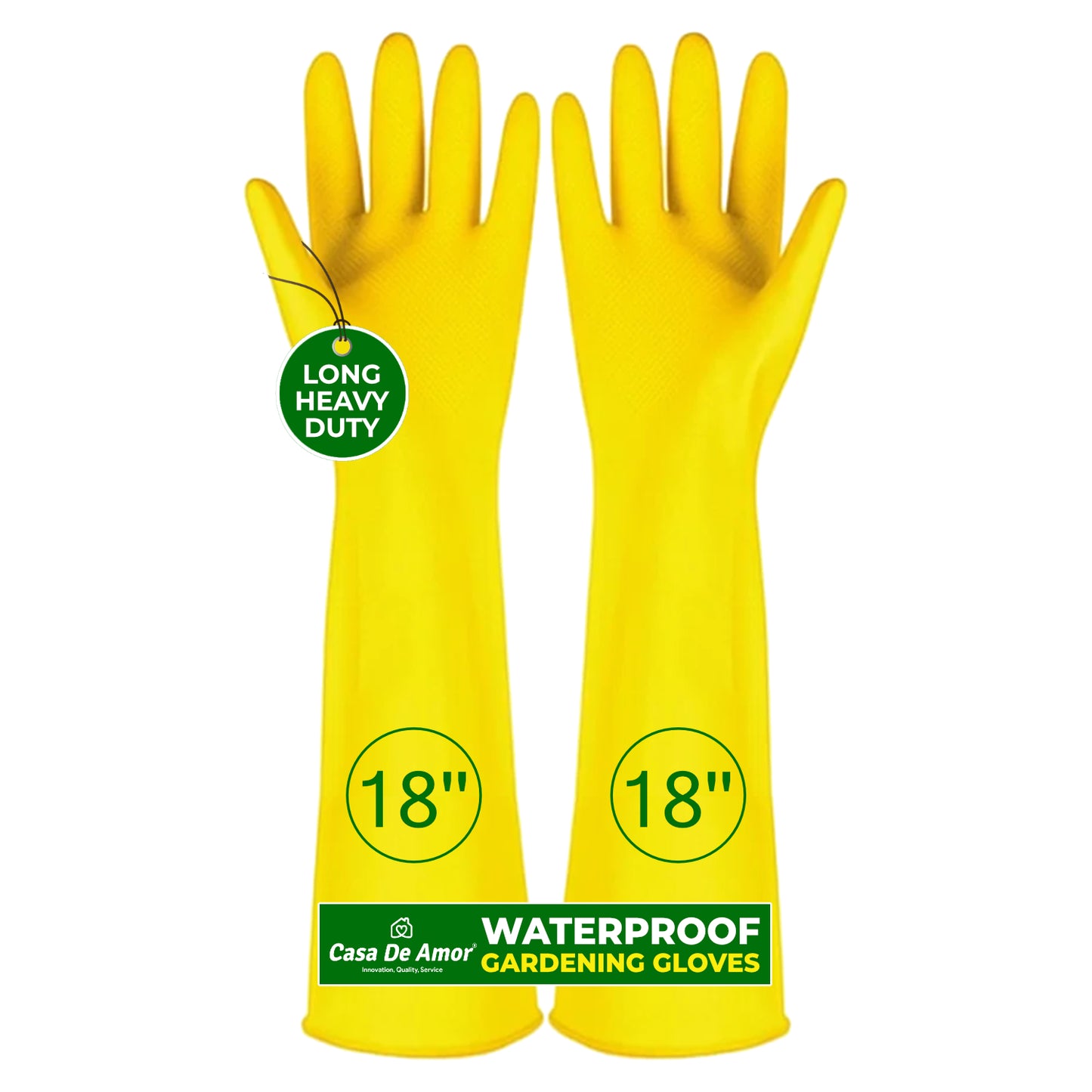 Casa De Amor Long Heavy Duty Latex Rubber Gardening Gloves – Waterproof & Reusable Garden Gloves for Home, Farming, Agriculture & Dairy Use – 0.55mm Thick, Yellow (1 Pair)