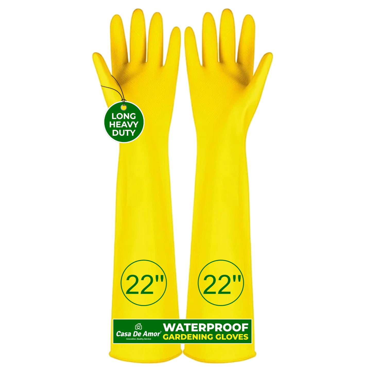 Casa De Amor Long Heavy Duty Latex Rubber Gardening Gloves – Waterproof & Reusable Garden Gloves for Home, Farming, Agriculture & Dairy Use – 0.55mm Thick, Yellow (1 Pair)