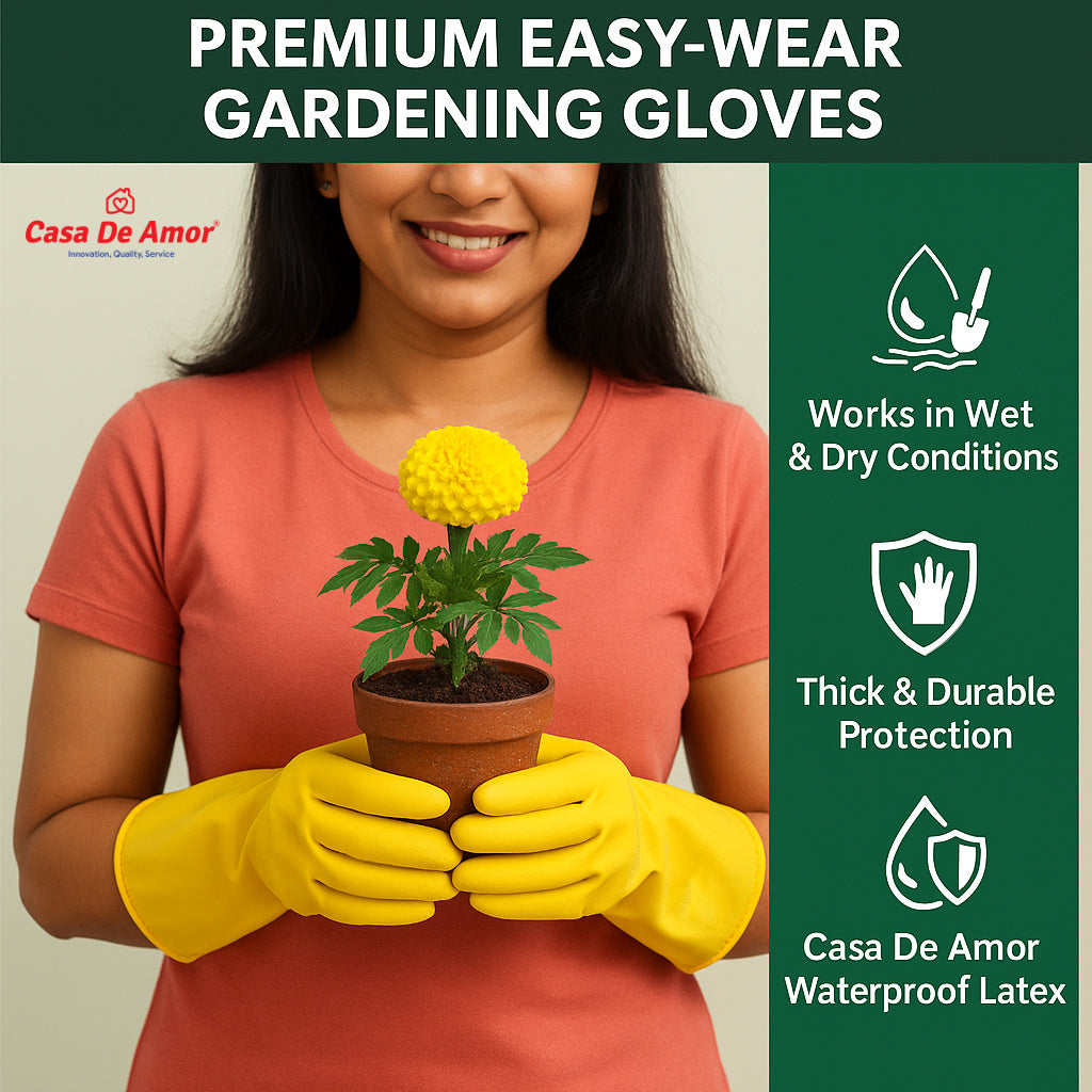 Casa De Amor Long Heavy Duty Latex Rubber Gardening Gloves – Waterproof & Reusable Garden Gloves for Home, Farming, Agriculture & Dairy Use – 0.55mm Thick, Yellow (1 Pair)