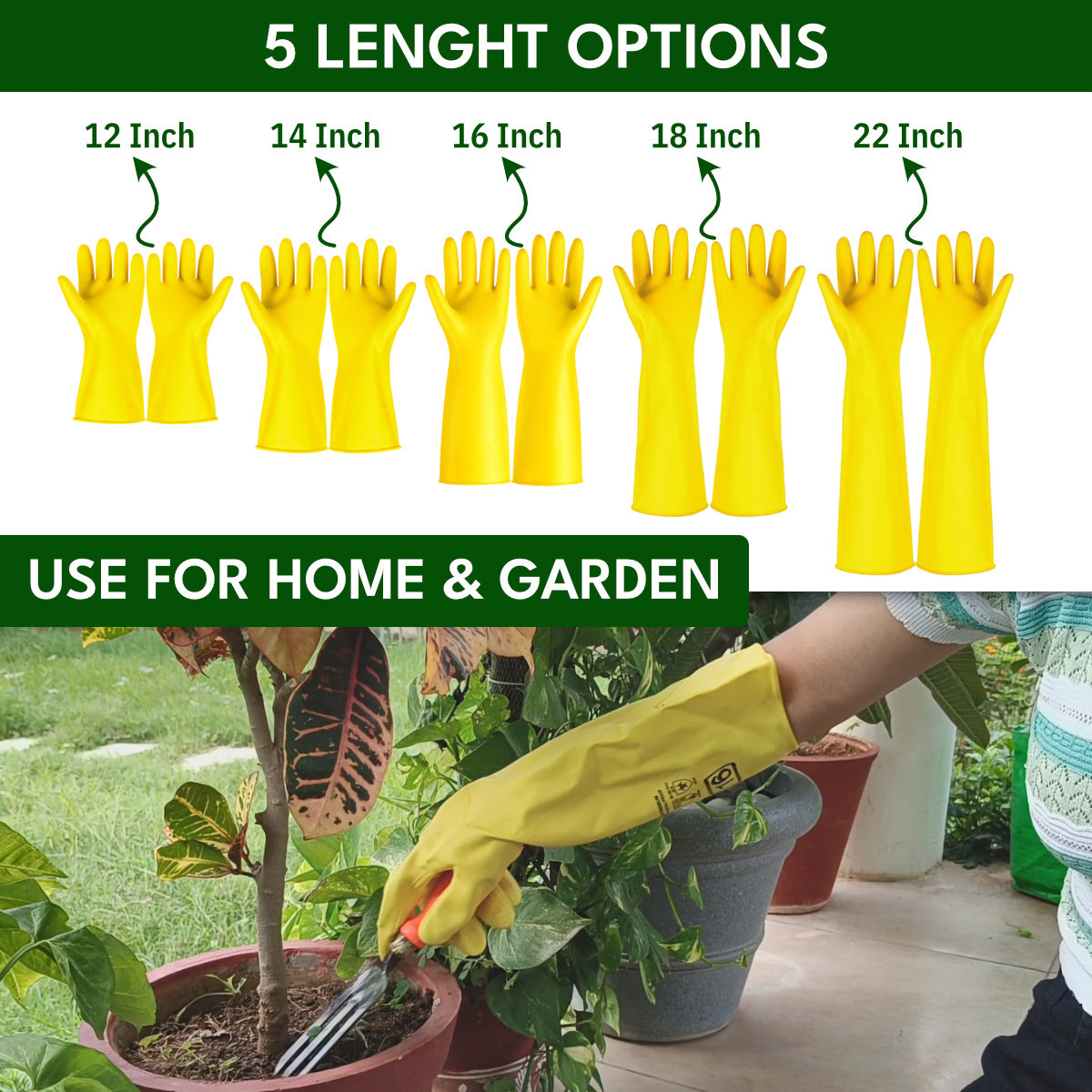 Casa De Amor Long Heavy Duty Latex Rubber Gardening Gloves – Waterproof & Reusable Garden Gloves for Home, Farming, Agriculture & Dairy Use – 0.55mm Thick, Yellow (1 Pair)