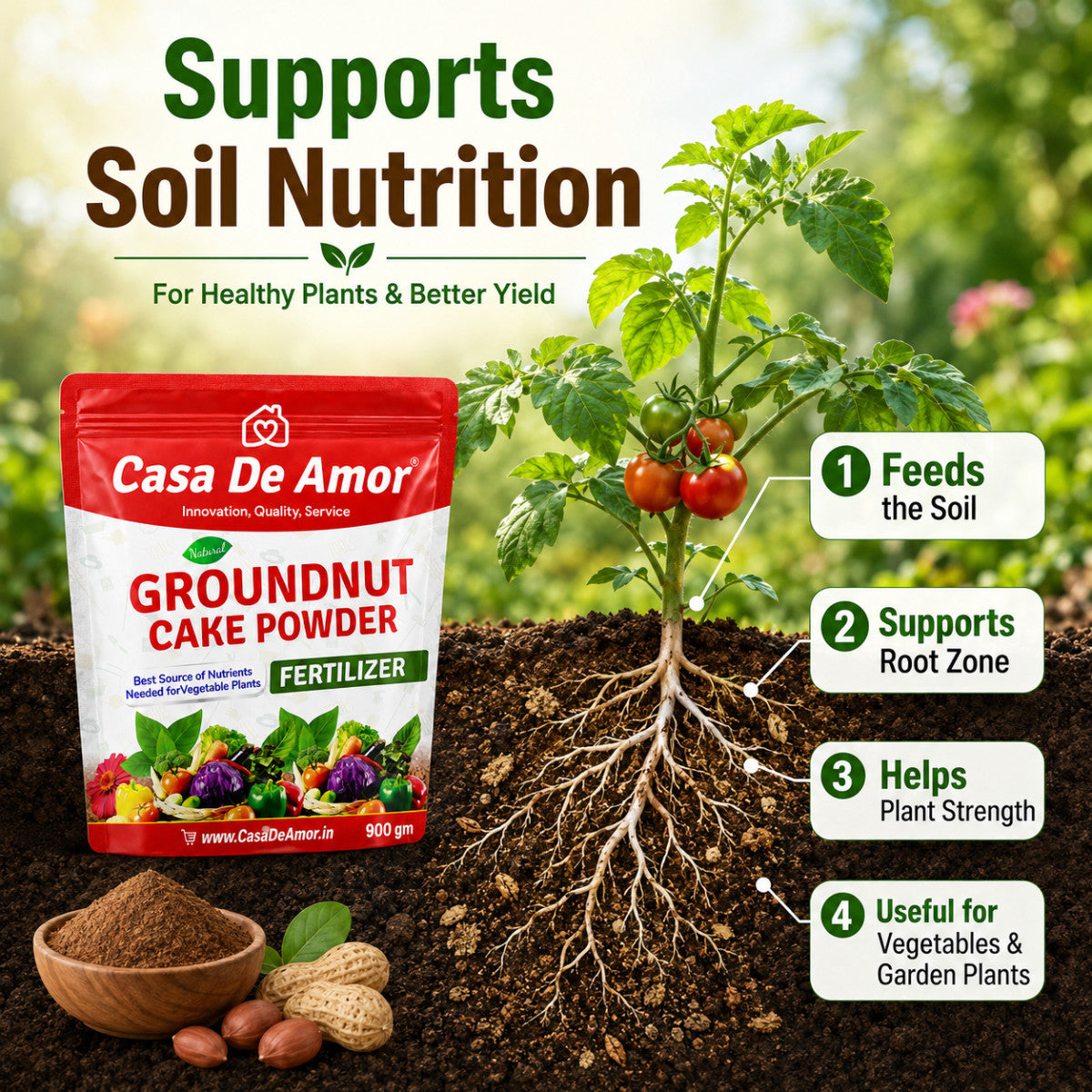 Casa De Amor Natural Groundnut Cake Powder Fertilizer for Home, Balcony, Terrace & Outdoor Gardening (900 Gm)