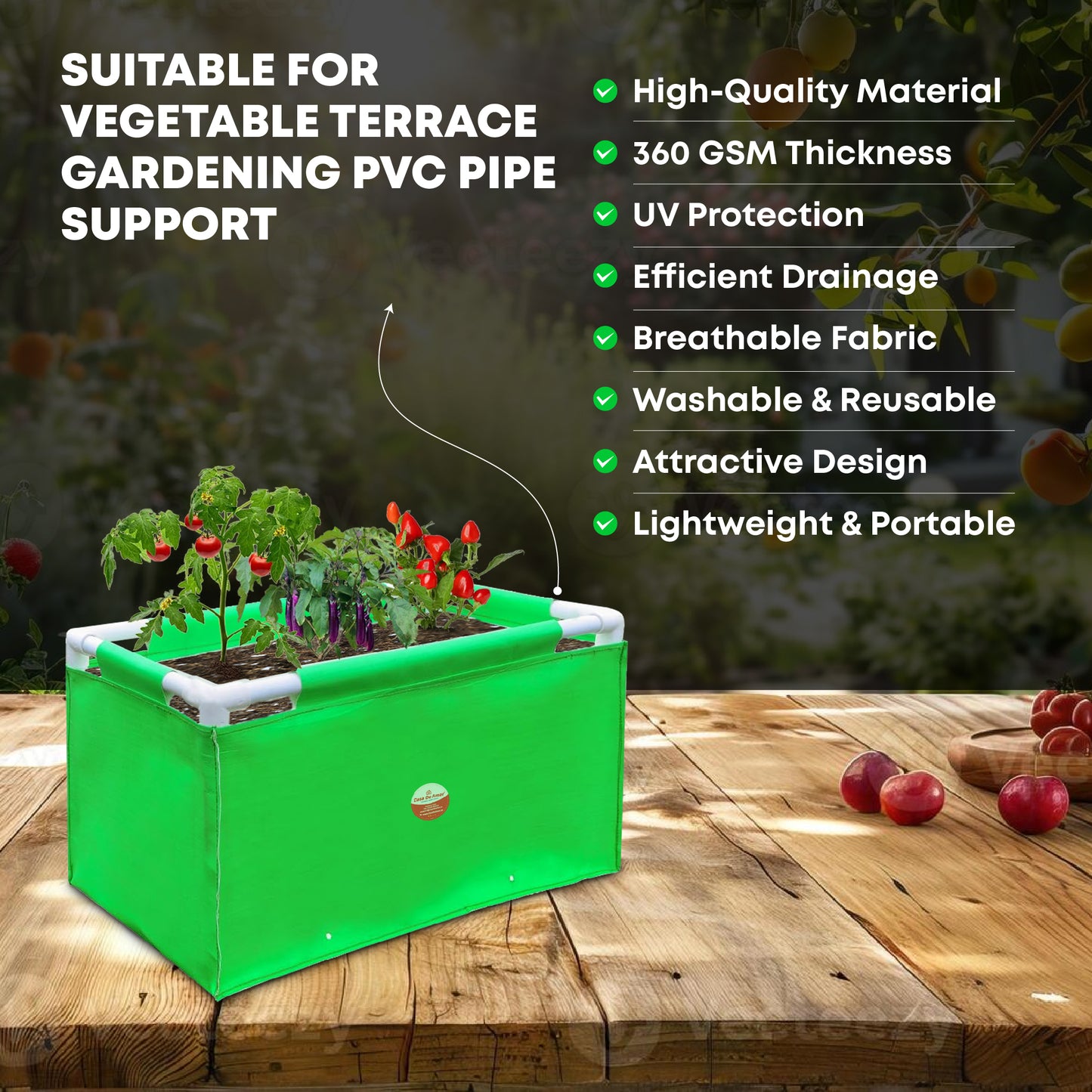 Casa De Amor HDPE UV Protected 360 GSM Green Grow Bags Rectangular Suitable for Vegetable Terrace Gardening (2x1x1 Feet, Pack of 1)