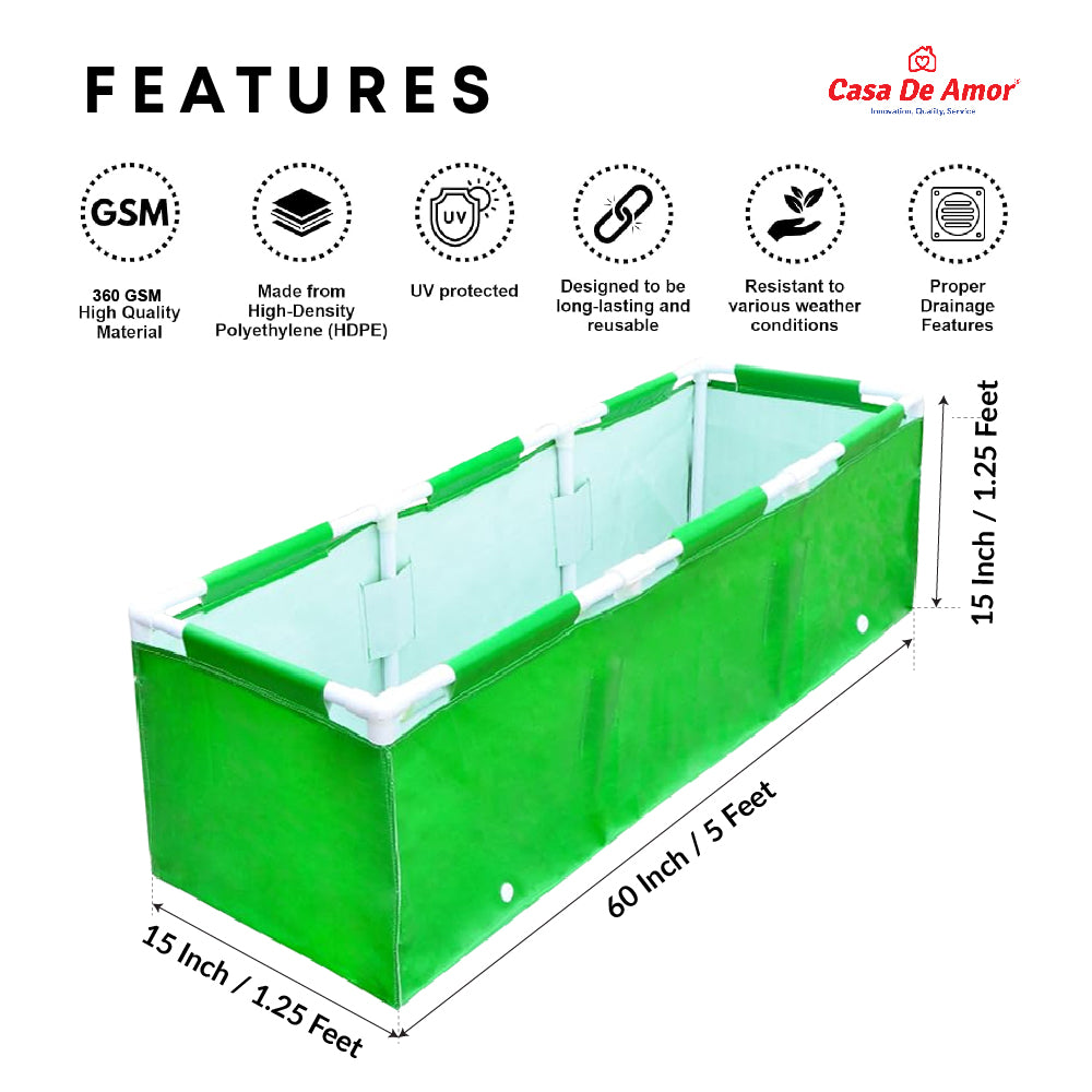 Casa De Amor HDPE UV Protected 360 GSM Green Grow Bags Rectangular Suitable for Vegetable Terrace Gardening (5x1.25x1.25 Feet, Pack of 1)