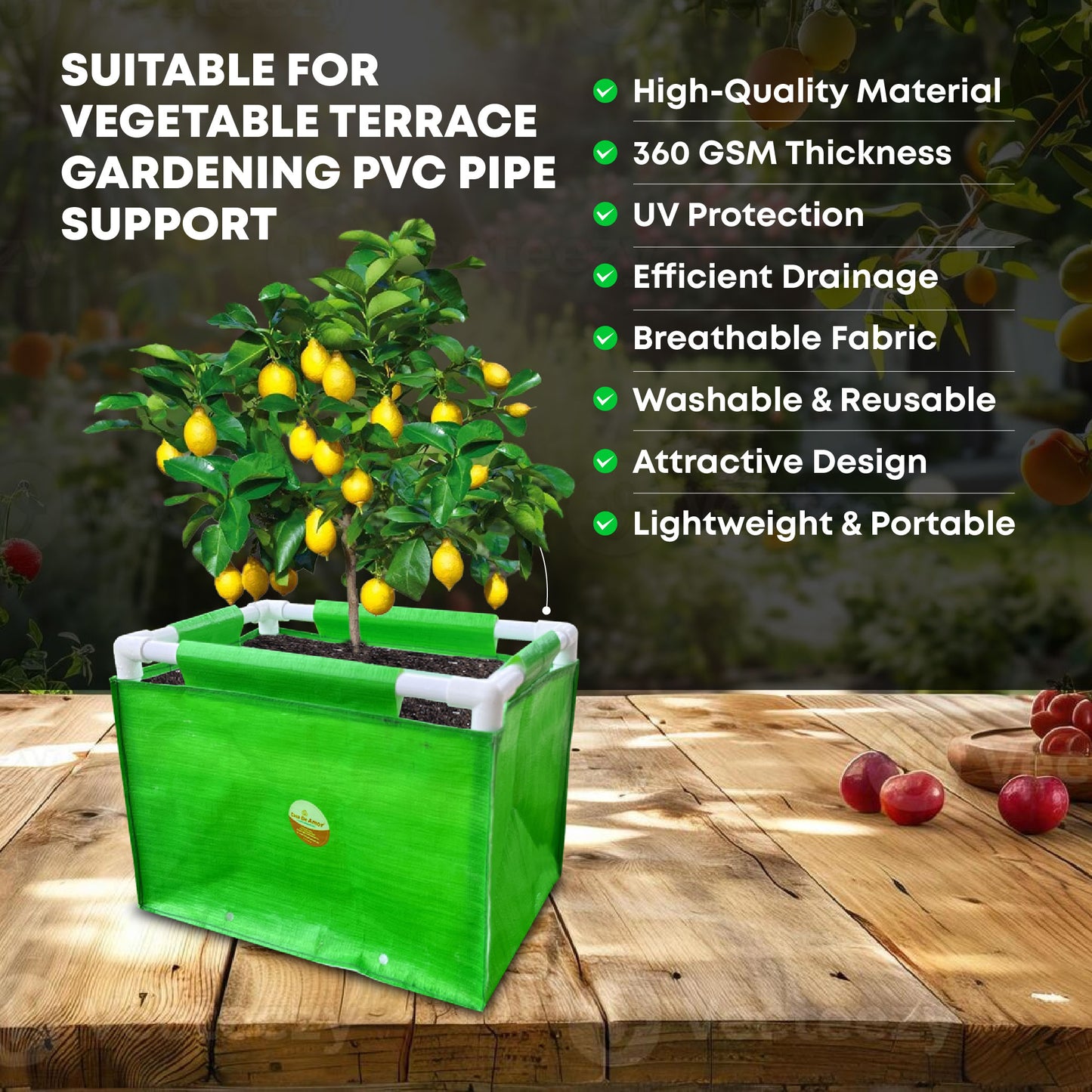 Casa De Amor 360 GSM HDPE Rectangular Grow Bag with PVC Pipe Support - 1.5x1x1 Feet, UV Protected, Green Color (Pack of 1)