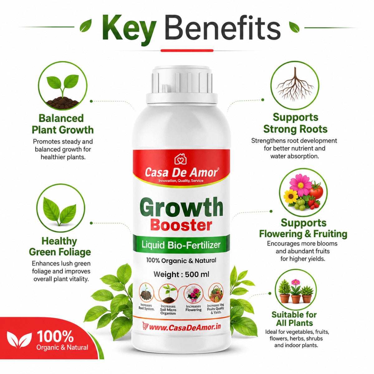 Casa De Amor Growth Booster Liquid Bio-Fertilizer for All Plants, Perfect to Use On Indoor/Outdoor Plants