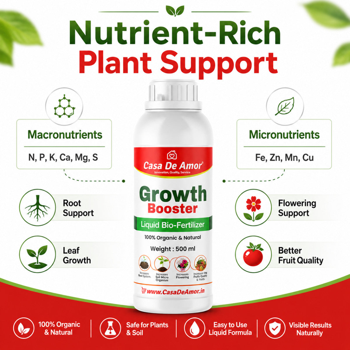 Casa De Amor Growth Booster Liquid Bio-Fertilizer for All Plants, Perfect to Use On Indoor/Outdoor Plants