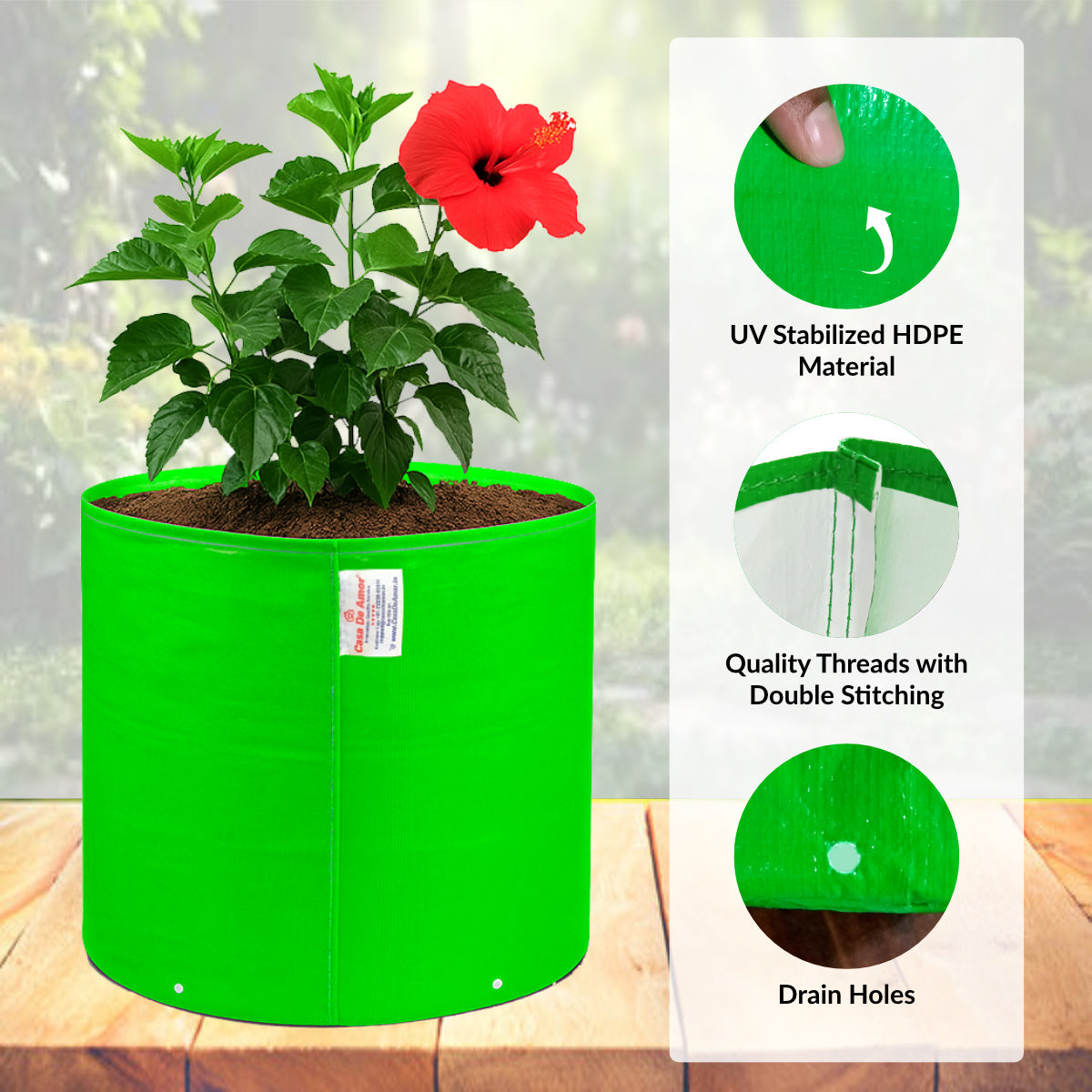 Casa De Amor Premium HDPE 260 GSM UV-Protected Round Grow Bags – 15x15 Inch, Green, Pack of 3 – Ideal for Terrace & Vegetable Gardening