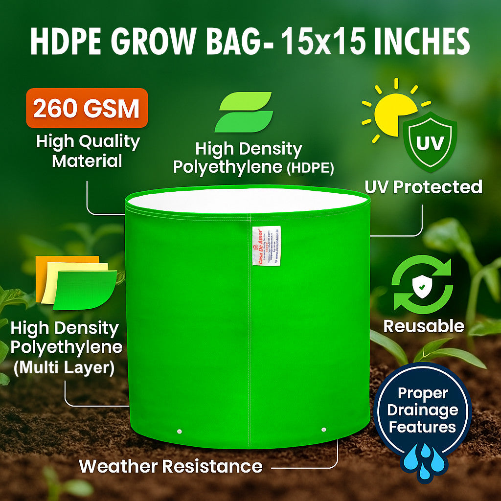 Casa De Amor Premium HDPE 260 GSM UV-Protected Round Grow Bags – 15x15 Inch, Green, Pack of 3 – Ideal for Terrace & Vegetable Gardening