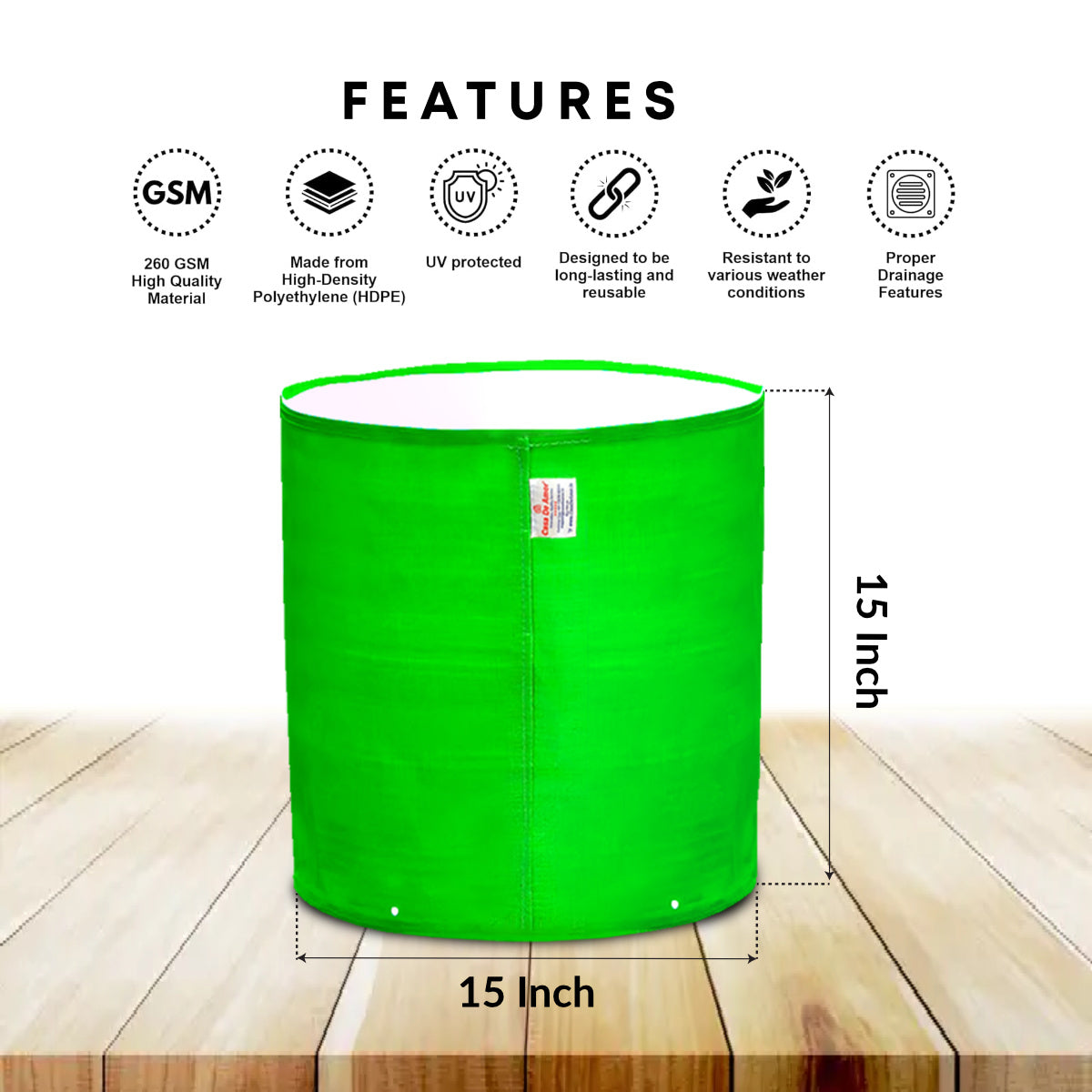 Casa De Amor Premium HDPE 260 GSM UV-Protected Round Grow Bags – 15x15 Inch, Green, Pack of 3 – Ideal for Terrace & Vegetable Gardening