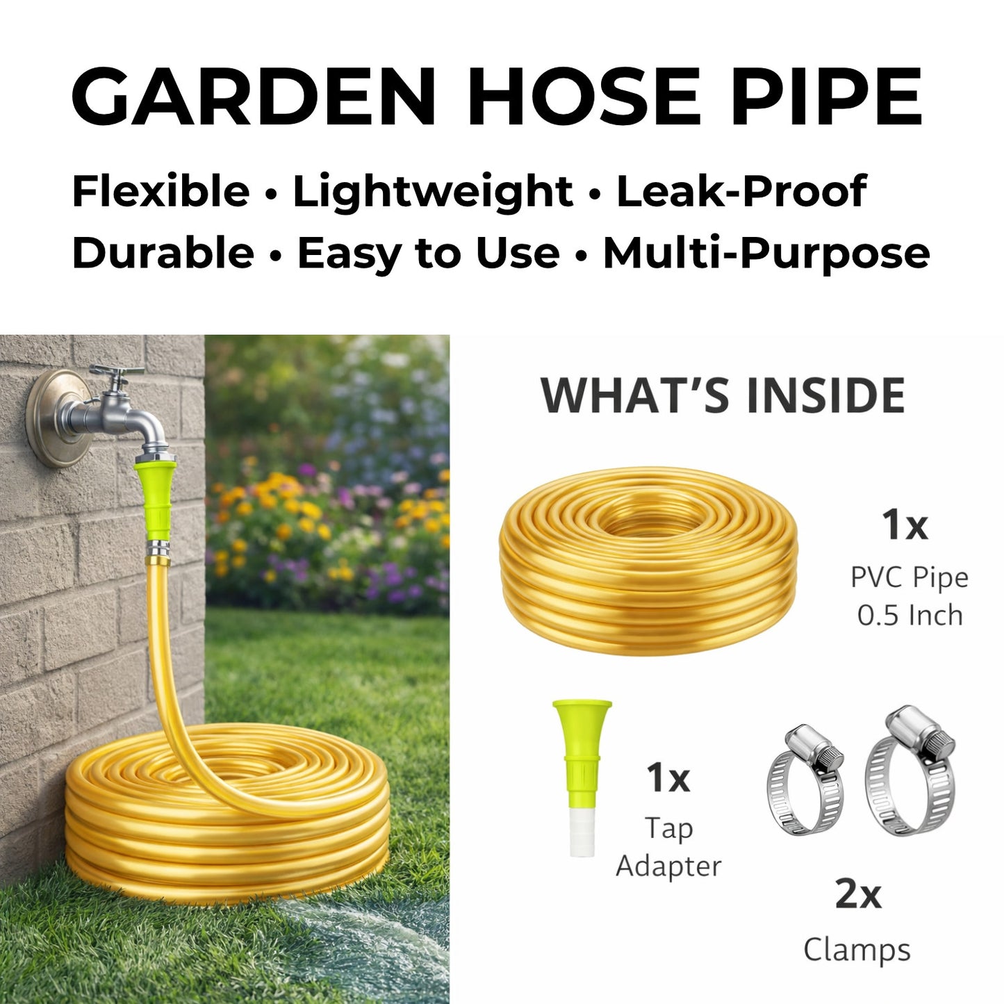 Casa De Amor 0.5 Inch Garden Hose Pipe with Connectors & Clamps for Gardening & Home Use