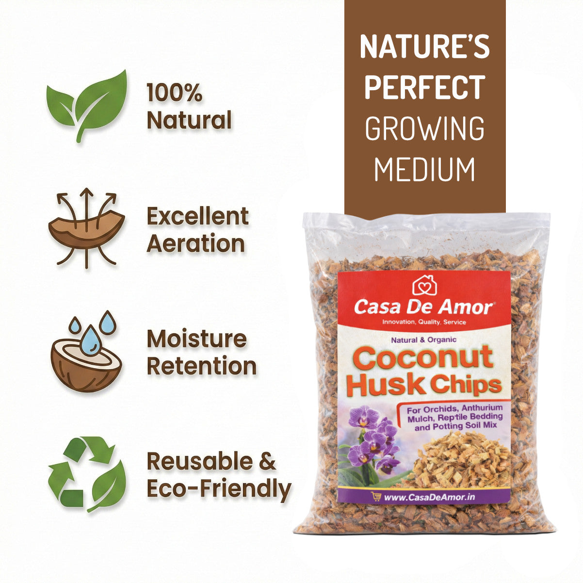 Casa De Amor Natural Coconut Husk Chip Fiber for Orchids, Anthurium, Mulch, Reptile Bedding, Potting Soil Mix for Indoor & Outdoor, Growing Media