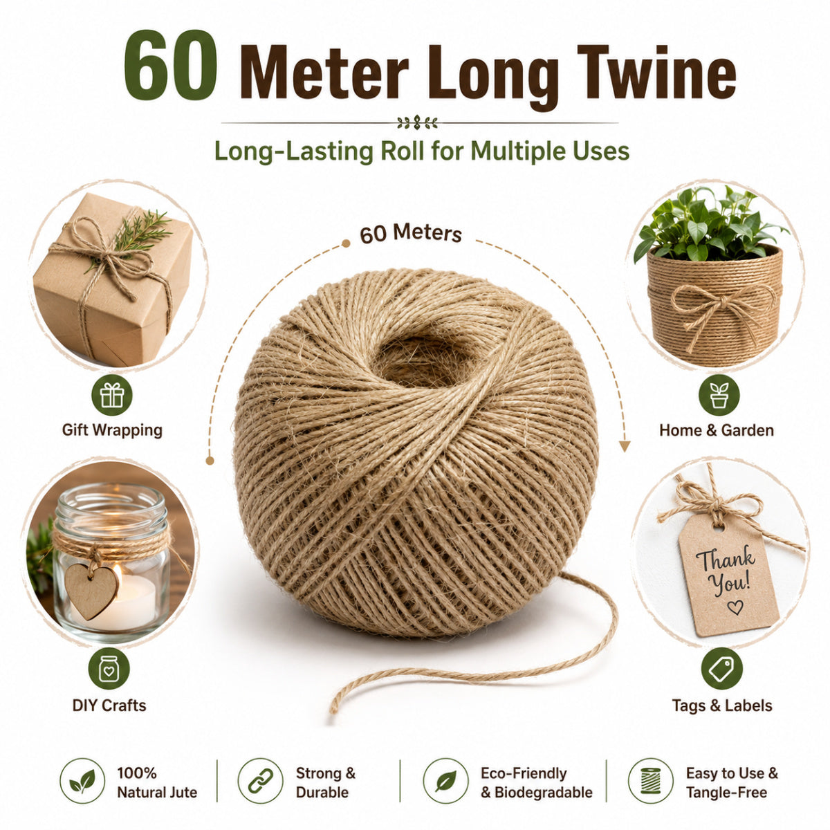 Casa De Amor Natural Jute Twine Rope/Sutli Thread – 60 Meters | Brown Jute String for Gift Wrapping, DIY Crafts, Gardening & Decoration