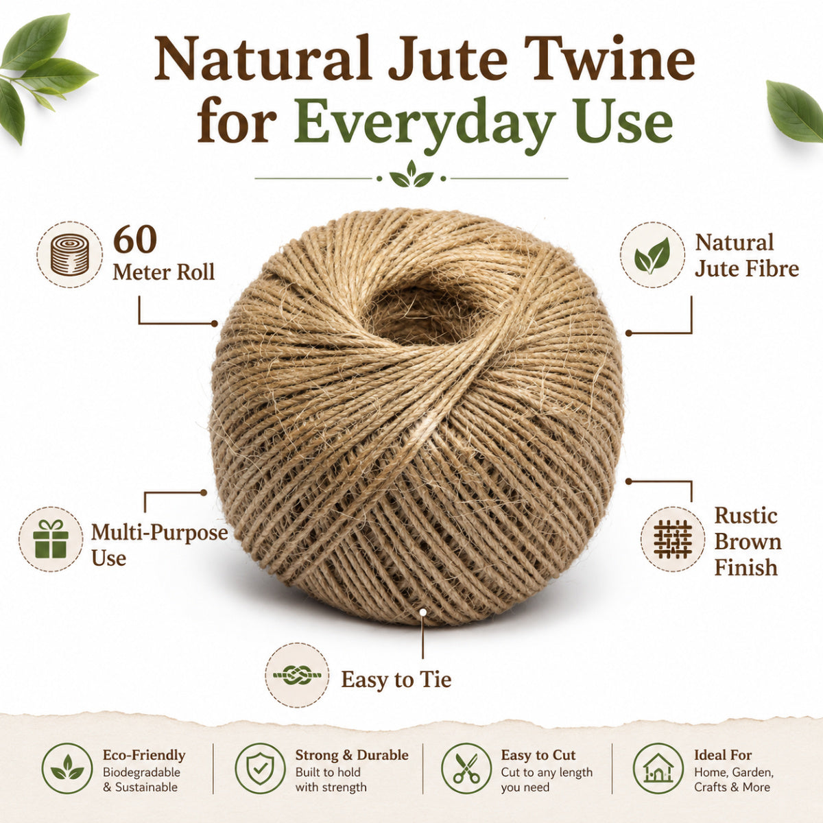 Casa De Amor Natural Jute Twine Rope/Sutli Thread – 60 Meters | Brown Jute String for Gift Wrapping, DIY Crafts, Gardening & Decoration